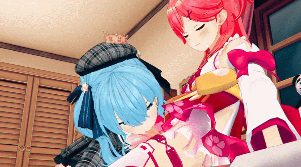 1futa, 1girls, 3d, animated, animated gif, blowjob, blue eyes, blue hair, censored, fellatio, female, futanari, gif, green eyes, hololive, hoshimachi suisei, intersex, light skin, light-skinned female, light-skinned futa, mikumikudance, mmd, mosaic censoring, penis, penis out, robin00, sakura miko, small penis, virtual youtuber