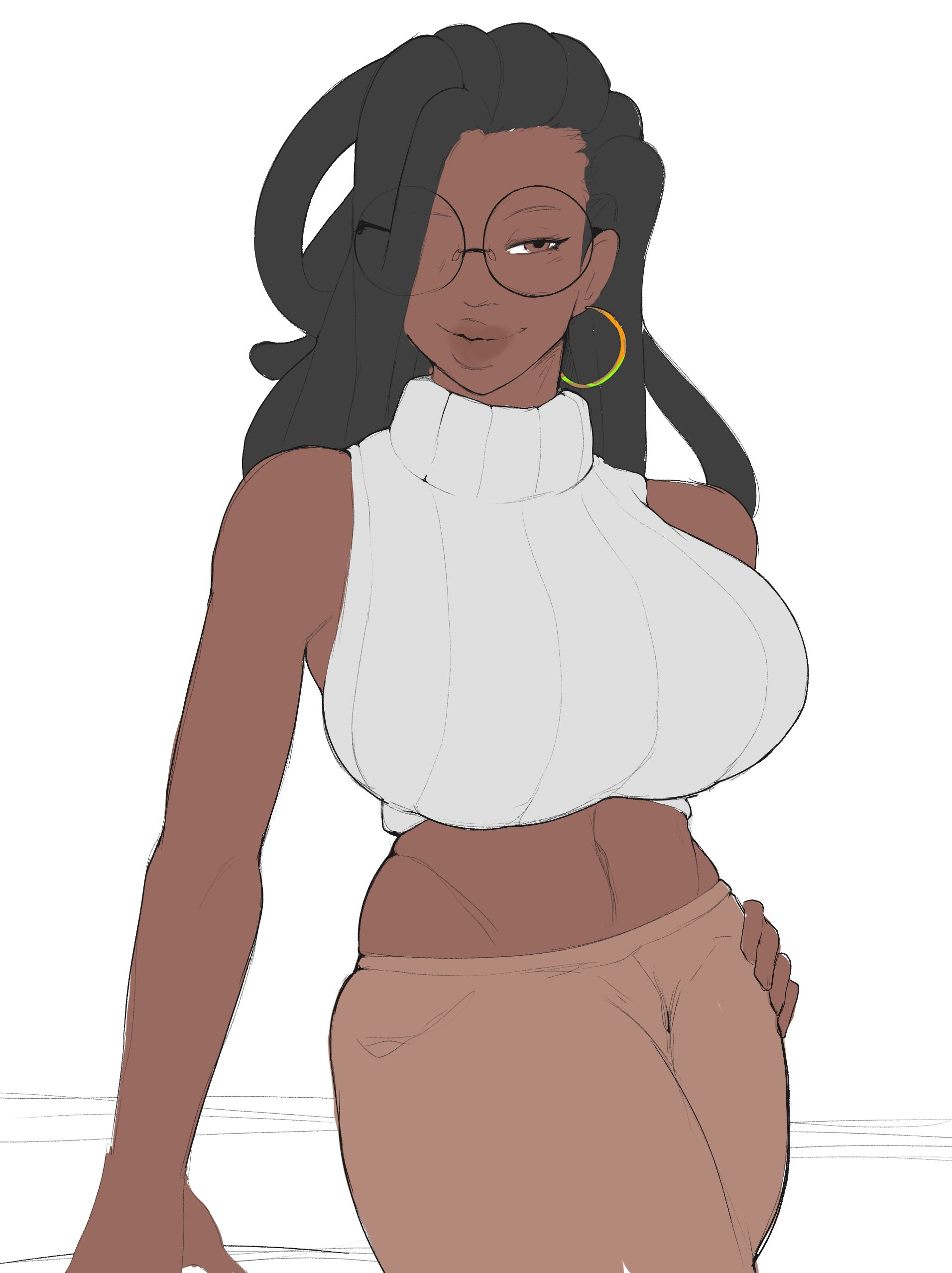 1girls, black hair, breasts, brown eyes, clothing, dark skin, dark-skinned female, dreadlocks, earrings, female, gemma (smo), huge breasts, looking at viewer, original, original character, smile, smoxul, solo