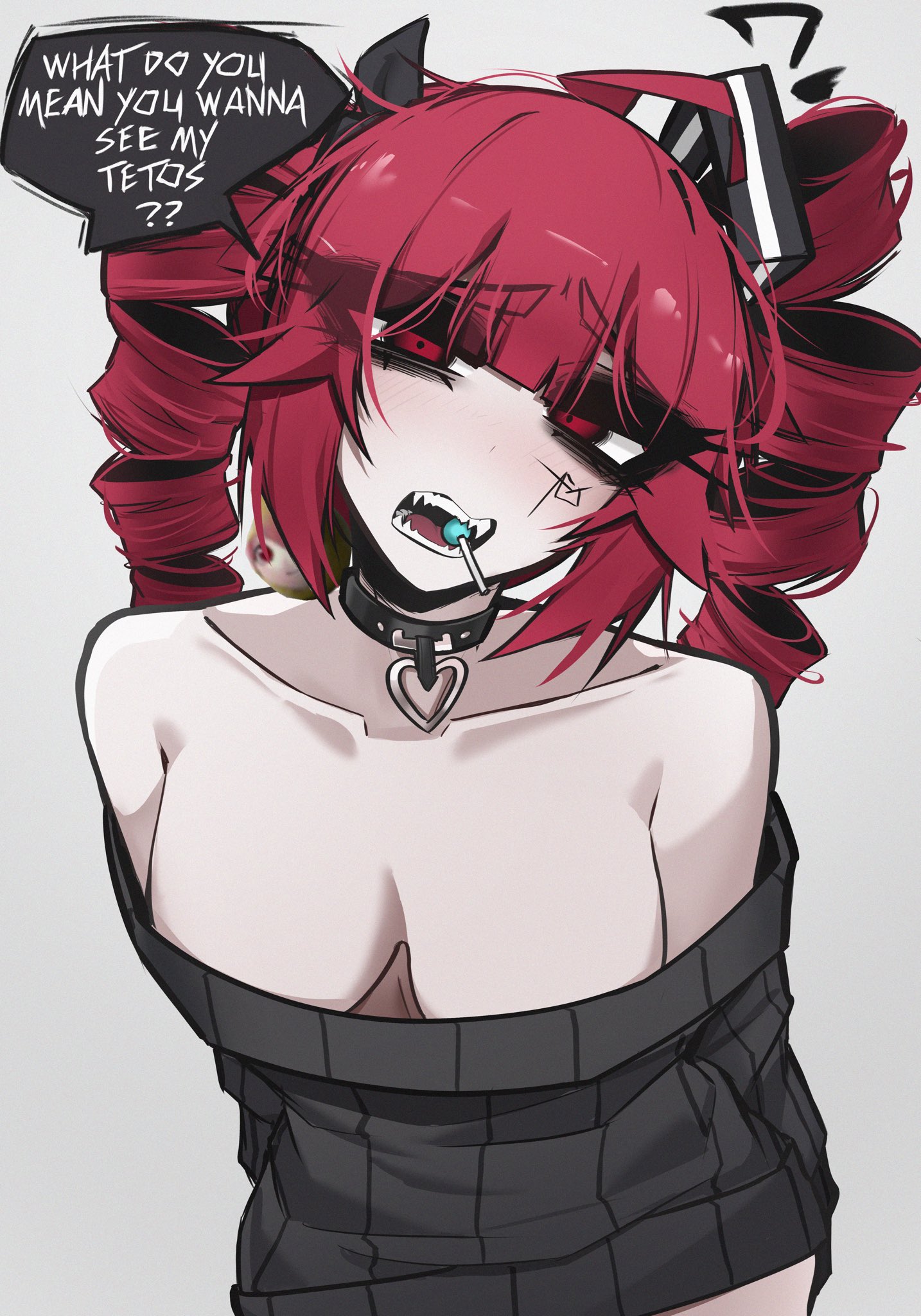 1girls, 2d, 2d (artwork), ahoge, bare shoulders, big breasts, breasts, choker, cleavage, dialogue, english dialogue, english text, eyeliner, fangs, female, female only, glitchace, goth, goth girl, grey background, hair ornament, kasane teto, large breasts, light skin, light-skinned female, lollipop, makeup, no bra, pale skin, pale-skinned female, pearto, red eyes, red hair, sharp teeth, solo, solo female, sweater, talking to viewer, text, twin drills, utau