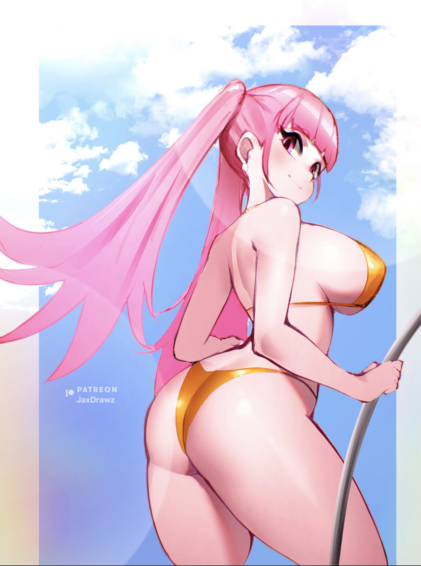 1girls alternate_costume artist_name ass big_ass bikini blunt_bangs female fire_emblem fire_emblem:_three_houses gold_bikini gold_swimsuit hilda_valentine_goneril jaxartdump light-skinned_female light_skin looking_over_shoulder nintendo pink_eyes pink_hair sideboob swimsuit twintails yellow_bikini yellow_swimsuit