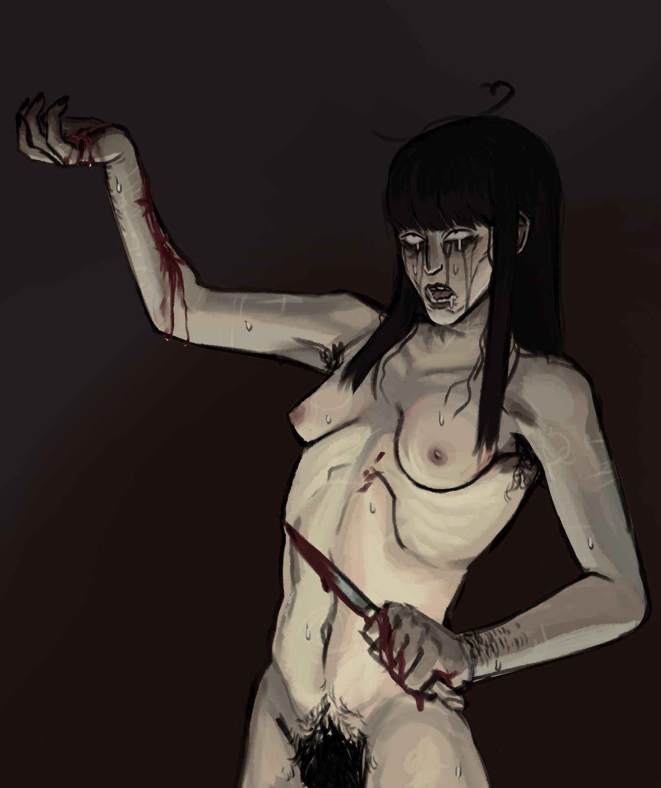 blood centi_laika drool drooling fear_and_hunger fear_and_hunger:_termina female fully_nude hairy hairy_armpits hairy_female hairy_pussy knife nude_female samarie_(fear_and_hunger) self_harm self_harm_scars skinny slit_wrist