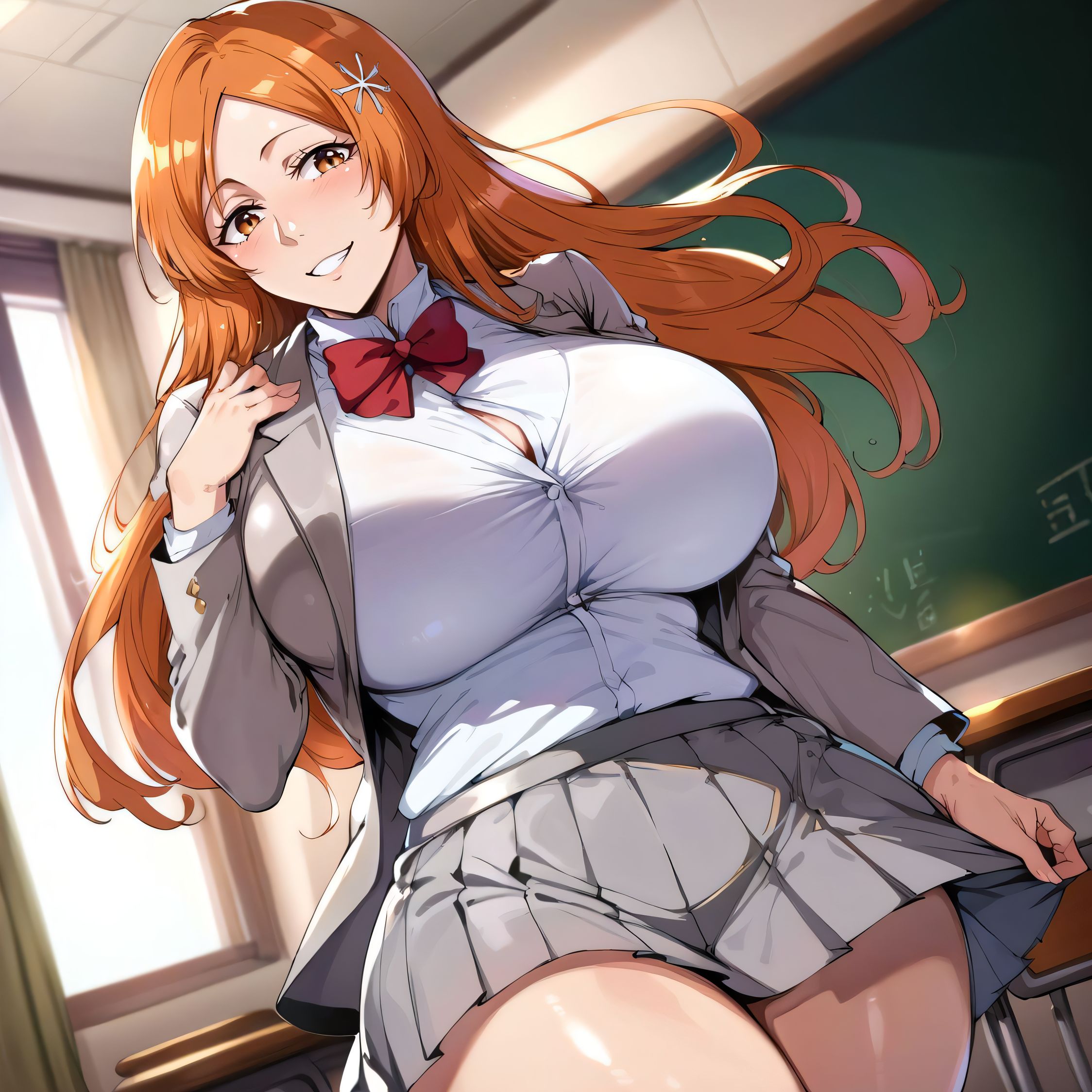 1girls, ai generated, alternate breast size, big breasts, bleach, breasts, busty, classroom, curvaceous, curvy, curvy body, curvy female, curvy figure, female, huge breasts, inoue orihime, large breasts, nipples, school uniform, skirt, solo, sweat, sweating, sweaty, sweaty body, sweaty breasts, thick thighs, thighs