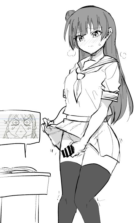 10s 1futa :<> bar_censor blush censored futa_only futanari greyscale hair_bun intersex justeeeeth love_live! love_live!_sunshine!! masturbation monochrome motion_lines no_panties sakurauchi_riko school_uniform screencap shirt sketch skirt skirt_lift solo standing sweatdrop t-shirt thighhighs tsushima_yoshiko