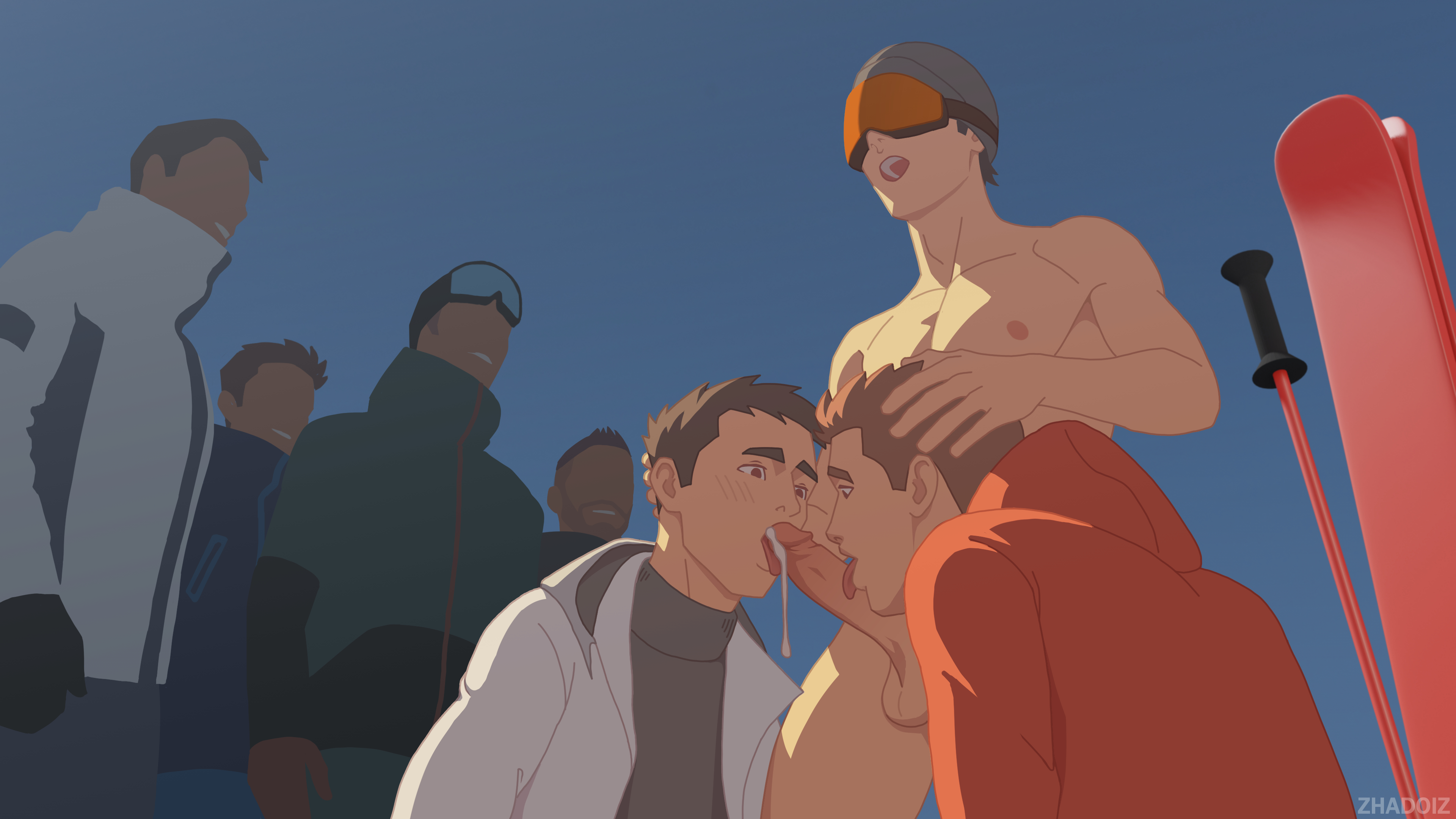 3boys, balls, bara, big balls, big penis, blowjob, cum, cum drip, erection, exhibitionism, fellatio, gay, gay blowjob, hypercasual, male, male nipples, male only, male/male, multiple boys, multiple males, muscular, muscular male, nipples, nude, oral, oral sex, penis, public, public nudity, public sex, threesome, yaoi, zhadoiz