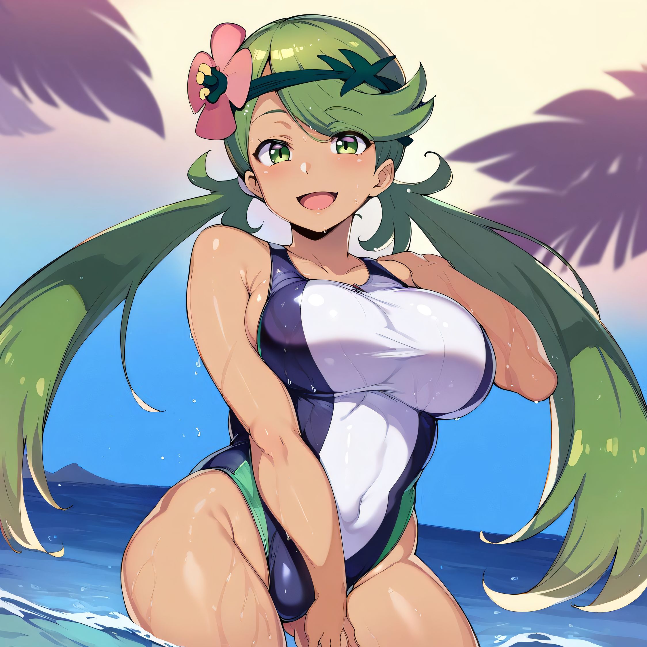 1girls, ai generated, alternate breast size, big breasts, breasts, busty, castle12, curvaceous, curvy, curvy body, curvy female, curvy figure, female, huge breasts, large breasts, mallow (pokemon), nipples, pokemon, sweat, sweating, sweaty, sweaty body, sweaty breasts, swimsuit, thick thighs, thighs, venus body