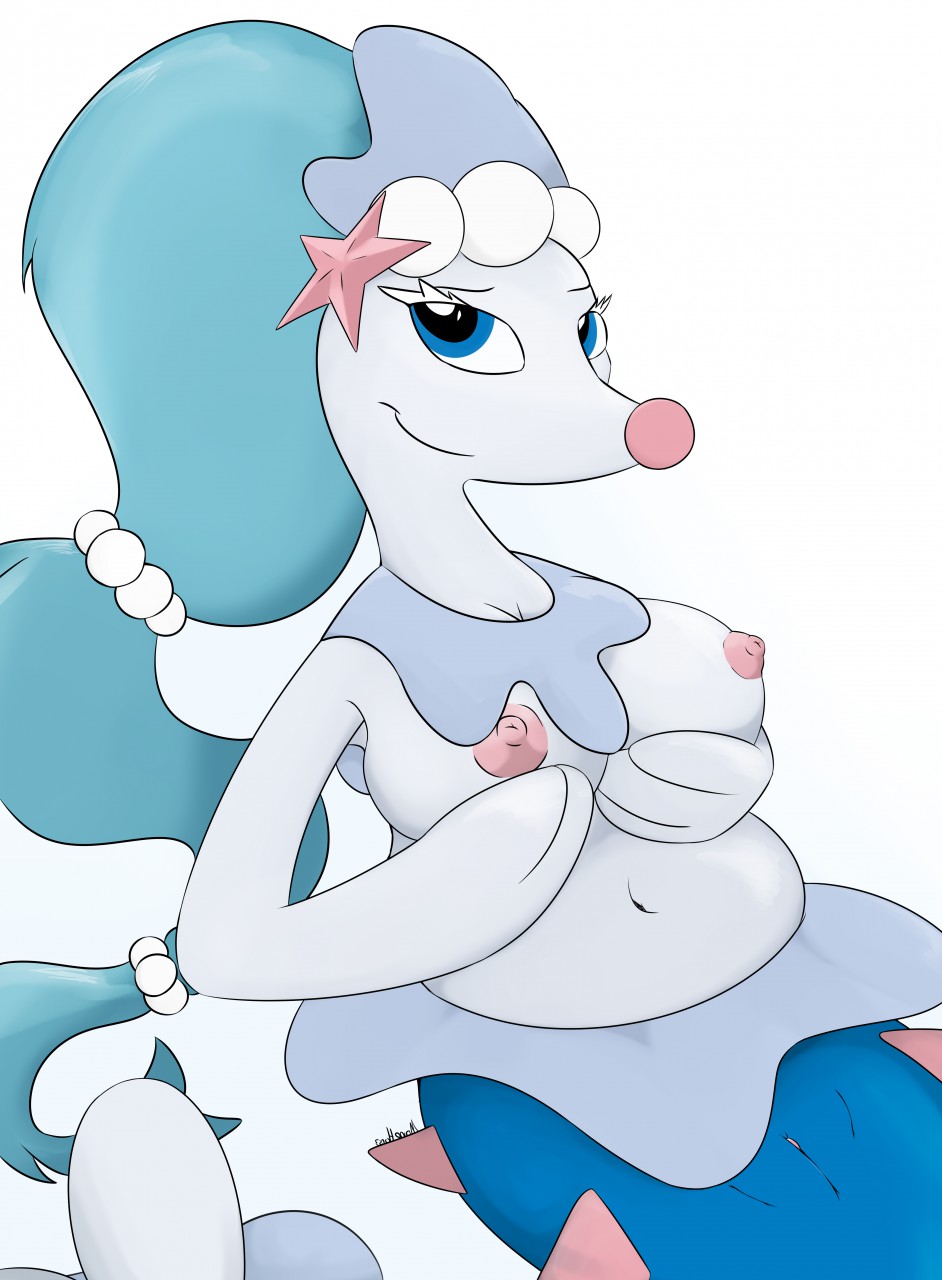 anthro blue_eyes breasts female holding_breast looking_at_viewer mammal marine monohors3 nintendo nipples pinniped pokémon_(species) pokemon pokemon_sm primarina pussy simple_background smile solo video_games white_background white_skin