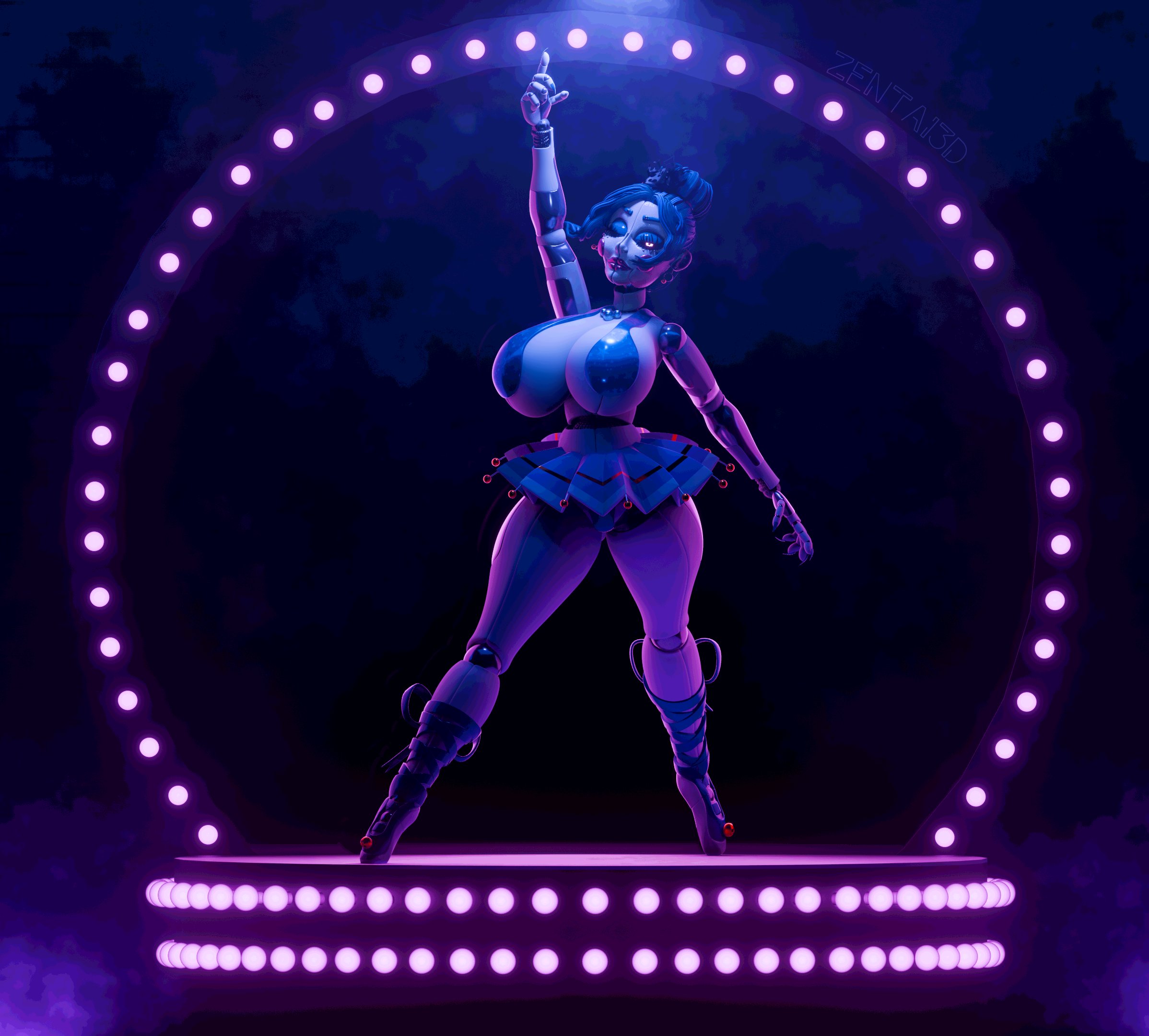 1girls, animatronic, animatronic female, ballerina, ballora, ballora (fnafsl), big breasts, blue hair, breasts, female, female only, five nights at freddy's, five nights at freddy's: sister location, fnaf, lights, looking at viewer, milf, mommy, nipple suspension bikini, on stage, pointing up, solo, stage, tagme, zentaisfm