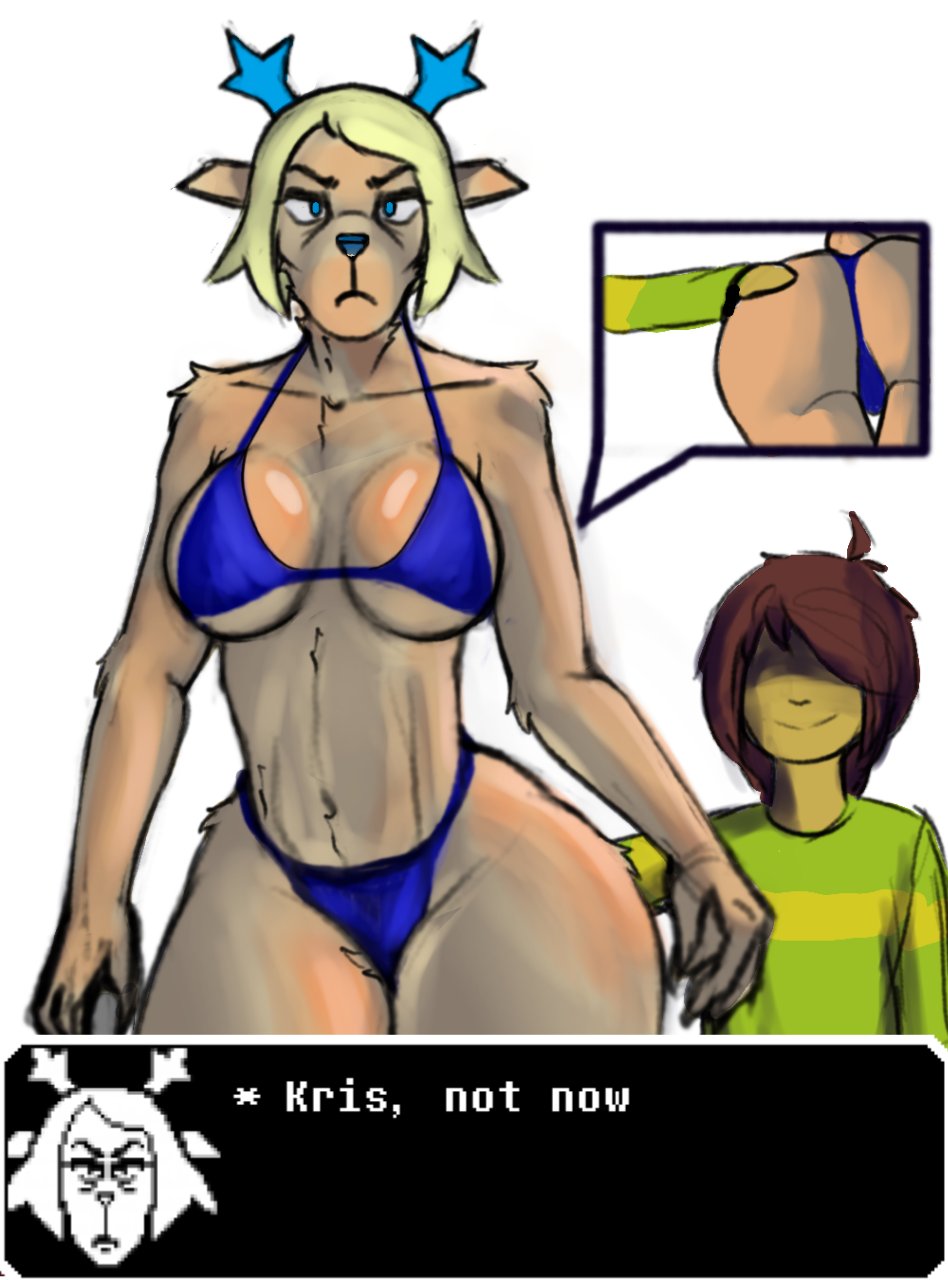 accurate art style, age difference, anthro, antlers, ass, big ass, blonde hair, blue antlers, blue clothing, blue eyes, blue nose, bra, brainmen3, breasts, brown hair, carol holiday, clothing, curvy figure, deer, deltarune, duo, female, fur, hand on ass, hi res, horn, human, human on anthro, interspecies, kris (deltarune), larger anthro, larger female, male, male/female, mammal, mature anthro, mature female, medium breasts, nasojugal grooves, new world deer, older female, panties, partially clothed anthro, partially clothed female, reindeer, shirt, simple background, size difference, smaller human, smaller male, smile, sprite, sweater, swimwear, talking to another, tan body, tan fur, text, thick thighs, topwear, undertale (series), underwear, voluptuous, voluptuous anthro, voluptuous female, white background, wide hips, younger male