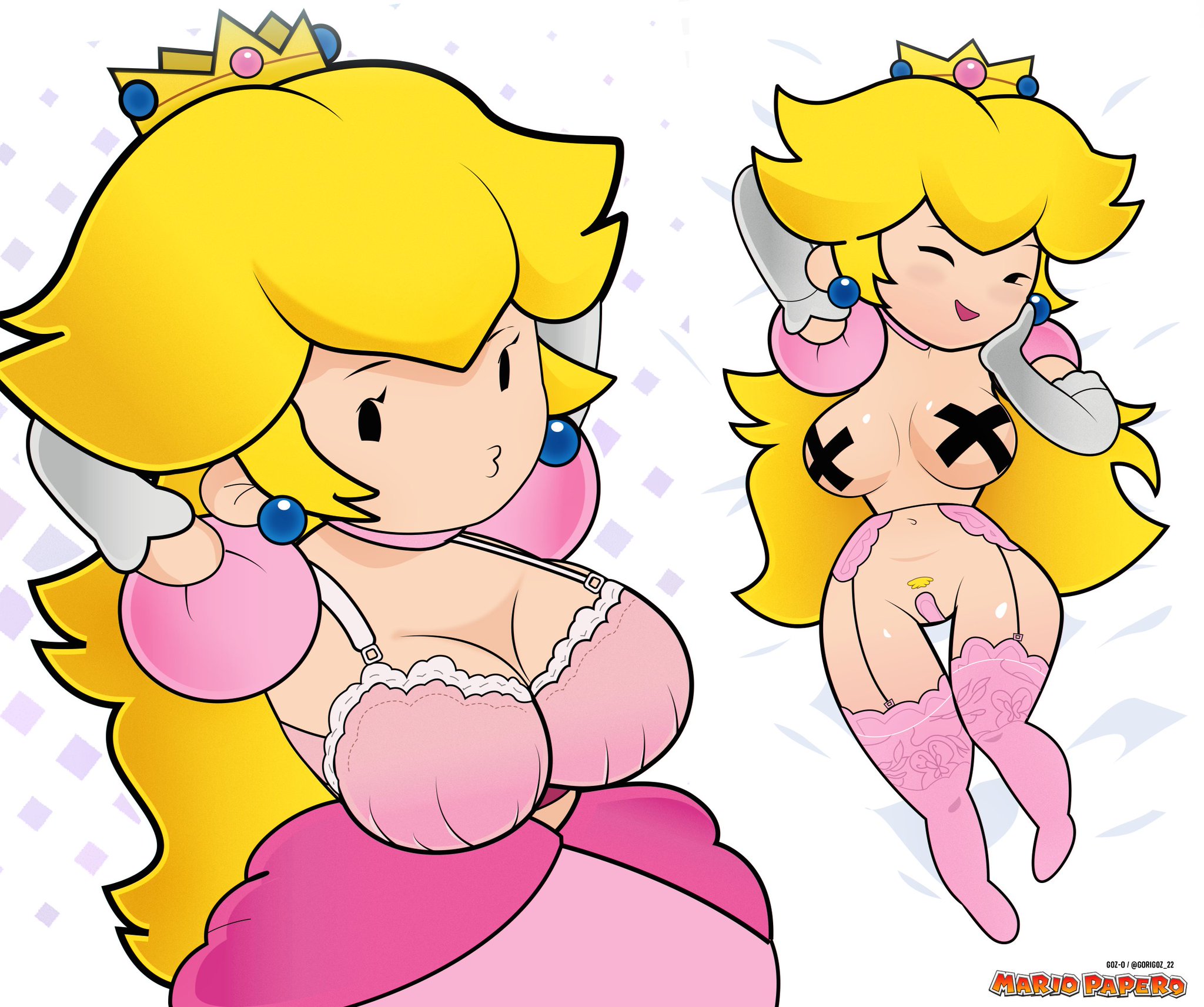 1girls, arm behind head, big breasts, blonde hair, bra, breasts, breasts out, busty, child bearing hips, cleavage, curvy, dress, female, gloves, gosgoz, large breasts, long hair, maebari, mario (series), naughty face, navel, one eye closed, open mouth, paper mario, paper peach, pose, posing, princess peach, pubic hair, puckered lips, sensual, smile, solo, solo female, wink