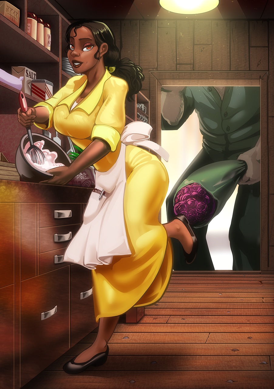 dark_skin disney disney_princess kitchen partial_male princess_tiana romantic rptrz sequence size_difference the_princess_and_the_frog tiana