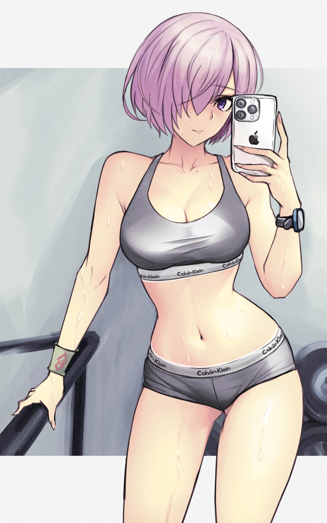 1girls, 2024, boyshort panties, bra, breasts, calvin klein, cellphone, cleavage, closed mouth, clothing, collarbone, dynamitenatalia, eyebrows, eyebrows visible through hair, fate (series), fate/grand order, female, grey bra, grey panties, hair over one eye, highres, holding, holding phone, large breasts, looking at viewer, mash kyrielight, matching underwear, navel, panties, phone, pink hair, purple eyes, selfie, short hair, smartphone, solo, solo female, solo focus, stomach, sweat, thighs, underwear, watch, white bra, white panties, wide hips, wristwatch