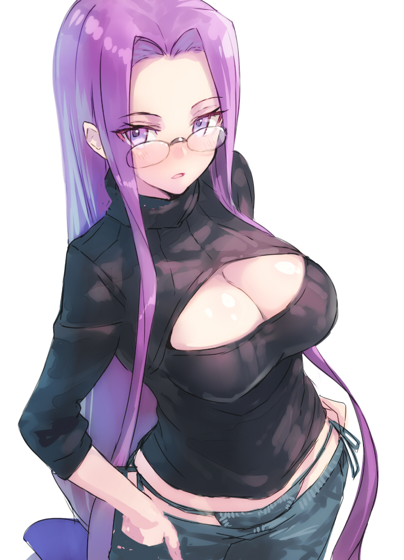 1girls, bad link, bikini jeans, blush, breasts, built-in thong, cleavage, cleavage cutout, clothing cutout, cowboy shot, denim, fate (series), fate/stay night, female, female focus, glasses, hands in pockets, jeans, large breasts, long hair, looking at viewer, lowleg, lowleg pants, medusa (casual wear) (fate), medusa (fate), medusa (rider) (fate), open mouth, open-chest sweater, panties, pants, purple eyes, purple hair, shirabi, side-tie panties, simple background, solo, square pupils, standing, sweater, turtleneck, underwear, very long hair, white background