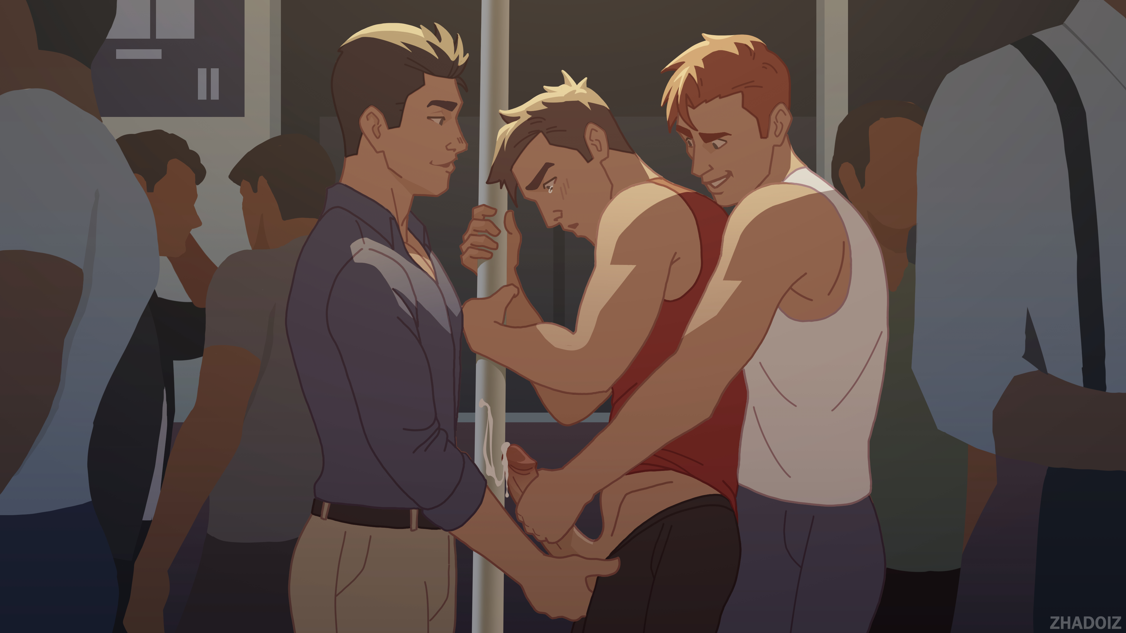 3boys, balls, bara, big balls, big penis, clothing, cum, erect penis, erection, fondling balls, gay, genital fluids, handjob, human, male, male only, male/male, masturbation, muscular, muscular male, orgasm, penis, public, public sex, sex, stealth sex, threesome, yaoi, zhadoiz
