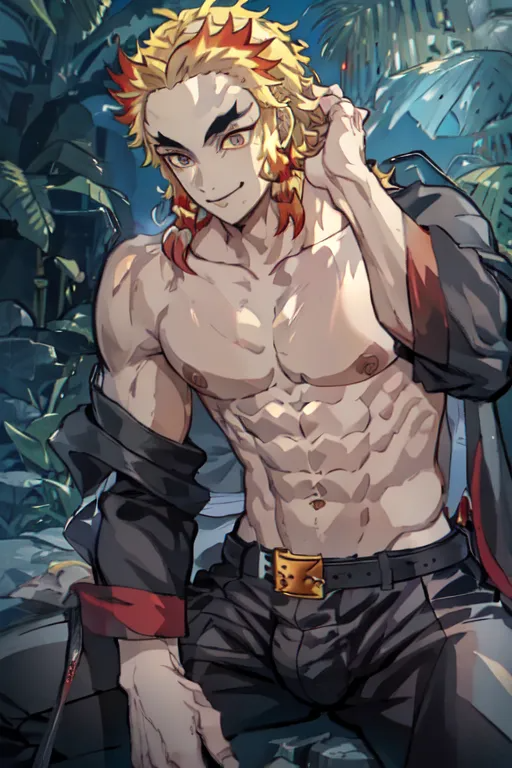 1boy abs ai_generated belt black_jacket black_pants blonde_hair bulge closed_mouth demon_slayer forked_eyebrows jacket kimetsu_no_yaiba kyojuro_rengoku long_hair male_focus multicolored_hair muscular muscular_male navel nipples outdoors pants pectorals red_hair rengoku_kyoujurou sitting smile solo toned toned_male topless_male two-tone_hair yellow_eyes