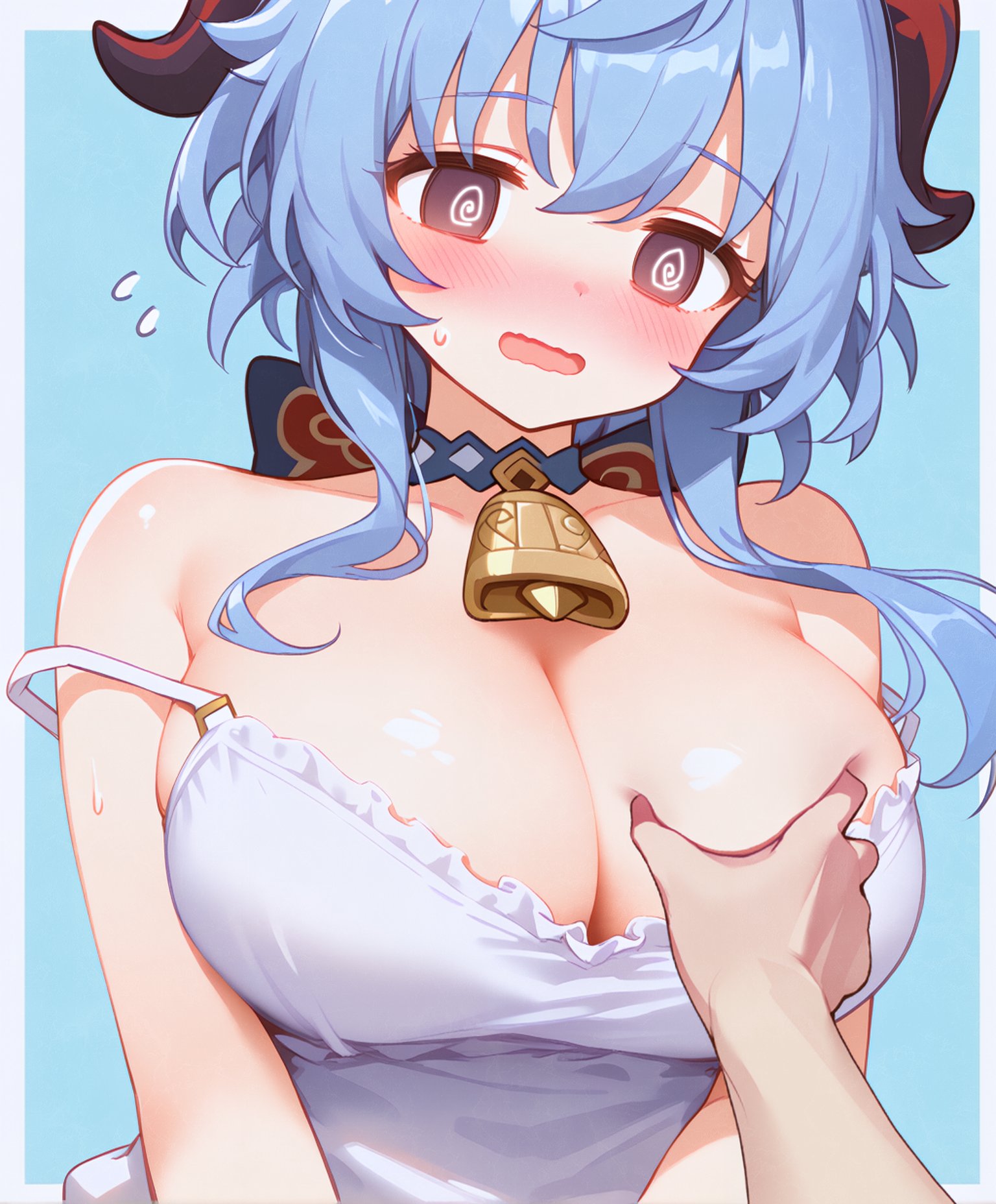 1girls, ai generated, alternate breast size, blue hair, breast grab, breasts, cleavage, female, female only, ganyu (genshin impact), genshin impact, horns, large breasts, solo, swirly eyes, thighs, unajyu