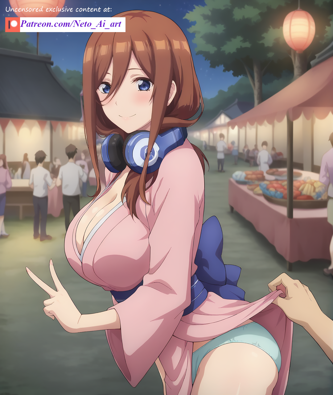 ai generated, big breasts, breasts, exhibitionism, female, female focus, flashing, go-toubun no hanayome, headphones, nakano miku, neto ai, panties, peace sign, yukata