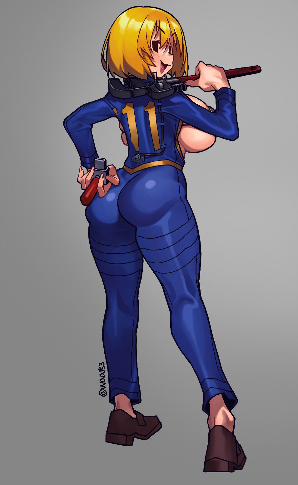 1girls ass blonde_hair breasts fallout female female_only large_breasts looking_at_viewer looking_back mob_face sideboob solo vault_girl waa153