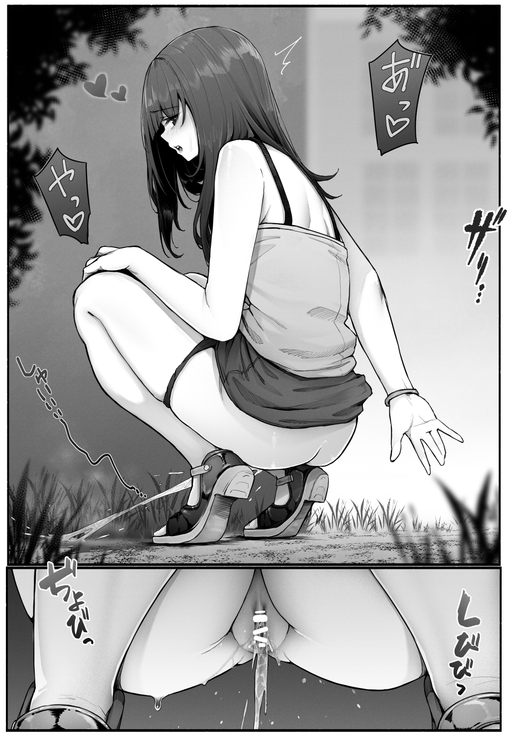 1girls, comic, dark hair, female, kokomachi, monochrome, peeing, public, pussy, squatting, tagme