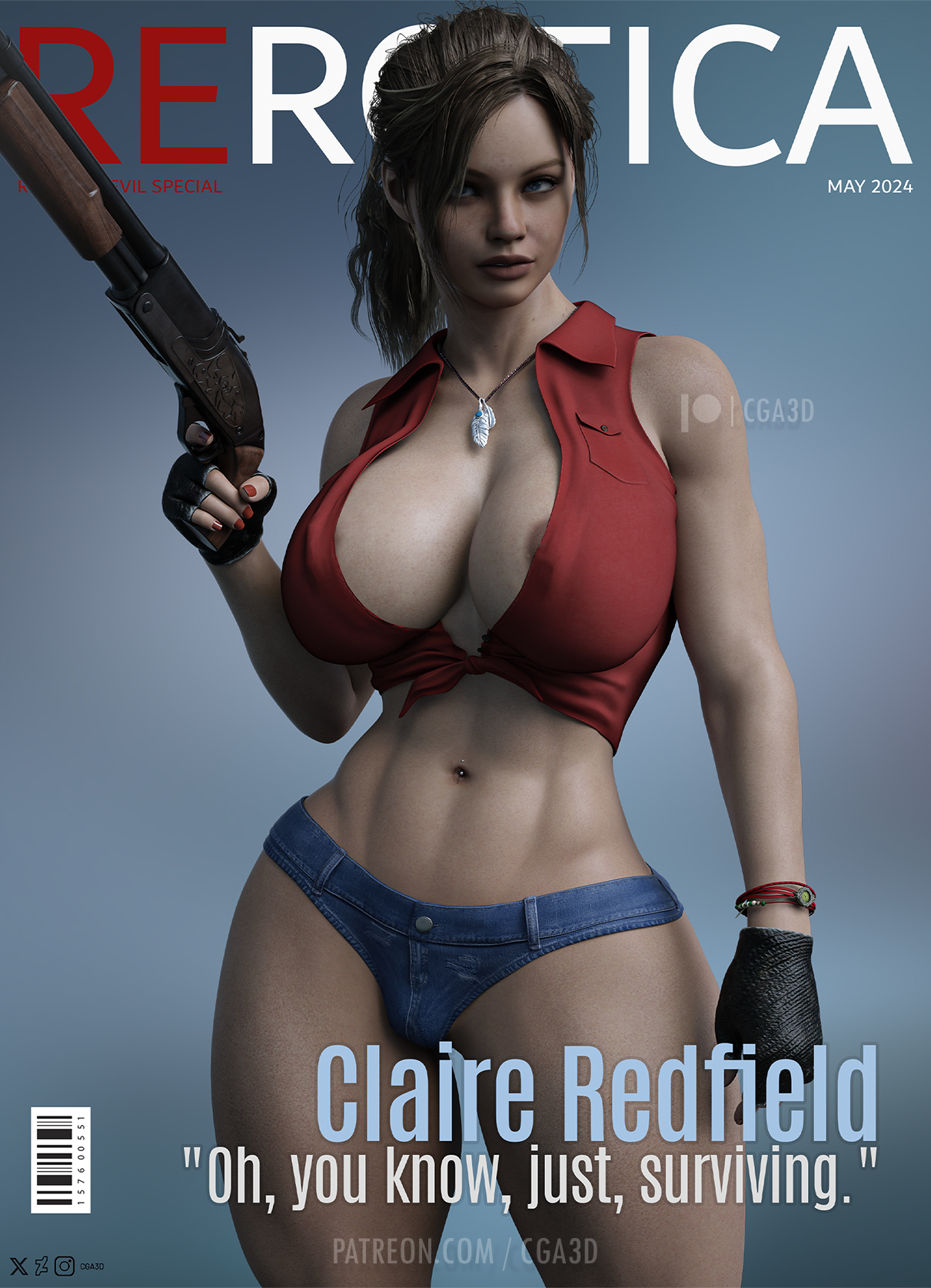 1girls, 3d, abs, ass, belt, big breasts, breasts, bubble ass, bubble butt, busty, capcom, cga3d, claire redfield, claire redfield (jordan mcewen), cleavage, clothing, curvaceous, curvy, curvy body, curvy female, curvy figure, erotichris, female, female focus, female only, firearm, gun, hourglass figure, human, legwear, magazine, magazine cover, midriff, motorcycle, neckwear, pale skin, resident evil, resident evil 2, resident evil 2 remake, revolver, short shorts, shorts, shotgun, solo, solo female, standing, tagme, voluptuous, voluptuous female, weapon, wide hips