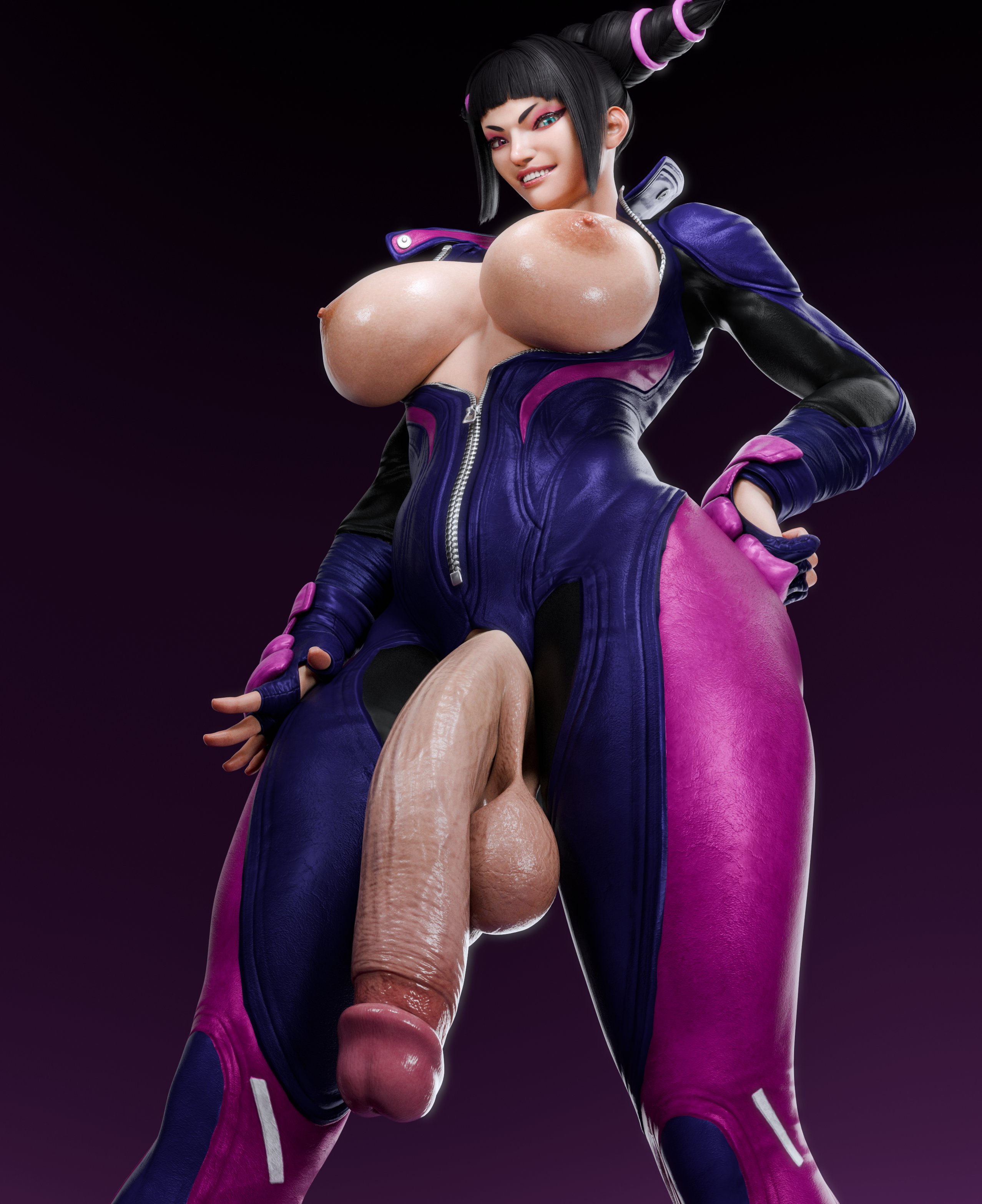 1futa, 3d, bodysuit, breasts, breasts out, capcom, circumcised, circumcised futa, circumcision scar, flaccid, flaccid penis, futa only, futanari, hand on hip, heterochromia, hips, huge cock, intersex, juri han, large breasts, light skin, light-skinned futa, looking at viewer, penis, smile, street fighter, street fighter v, thick thighs, thighs, unzipped, unzipped bodysuit, wide hips, zzzxxxccc