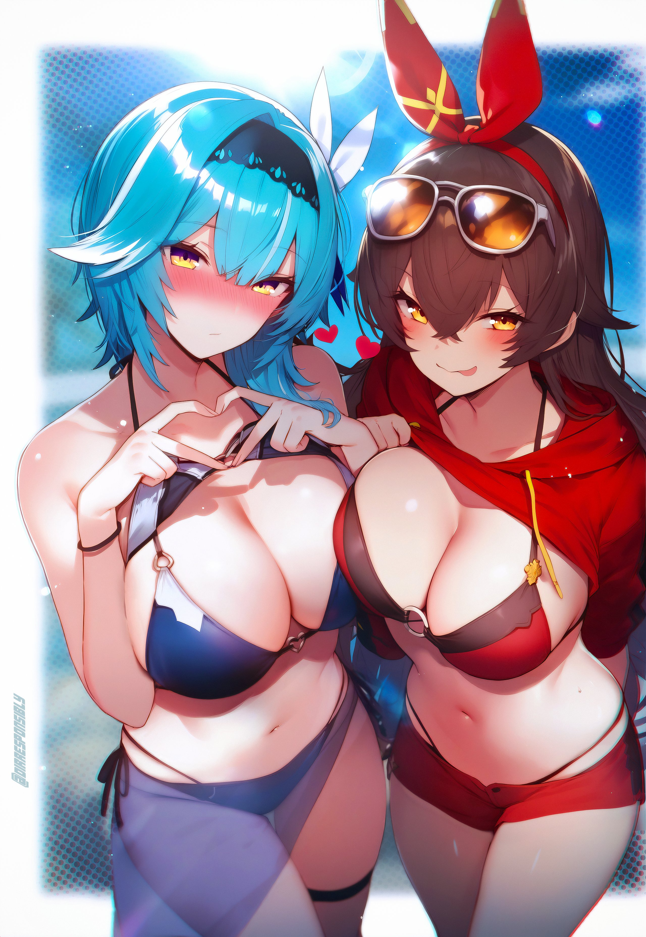 2girls, ai generated, amber (genshin impact), arms behind back, belly button, big breasts, bikini, blue hair, blush, breasts, brown hair, cleavage, diffirresponsibly, embarrassed, embarrassed female, eula (genshin impact), female, front view, genshin impact, high resolution, highres, hoyoverse, huge breasts, light skin, light-skinned female, long hair, looking at viewer, mature, mature female, mihoyo, minishorts, navel, ribbon in hair, short hair, showing breasts, standing, suggestive, suggestive look, sunglasses, sunglasses on head, swimsuit, thong, thong bikini, two piece swimsuit, voluptuous, voluptuous female, yellow eyes, young, younger female