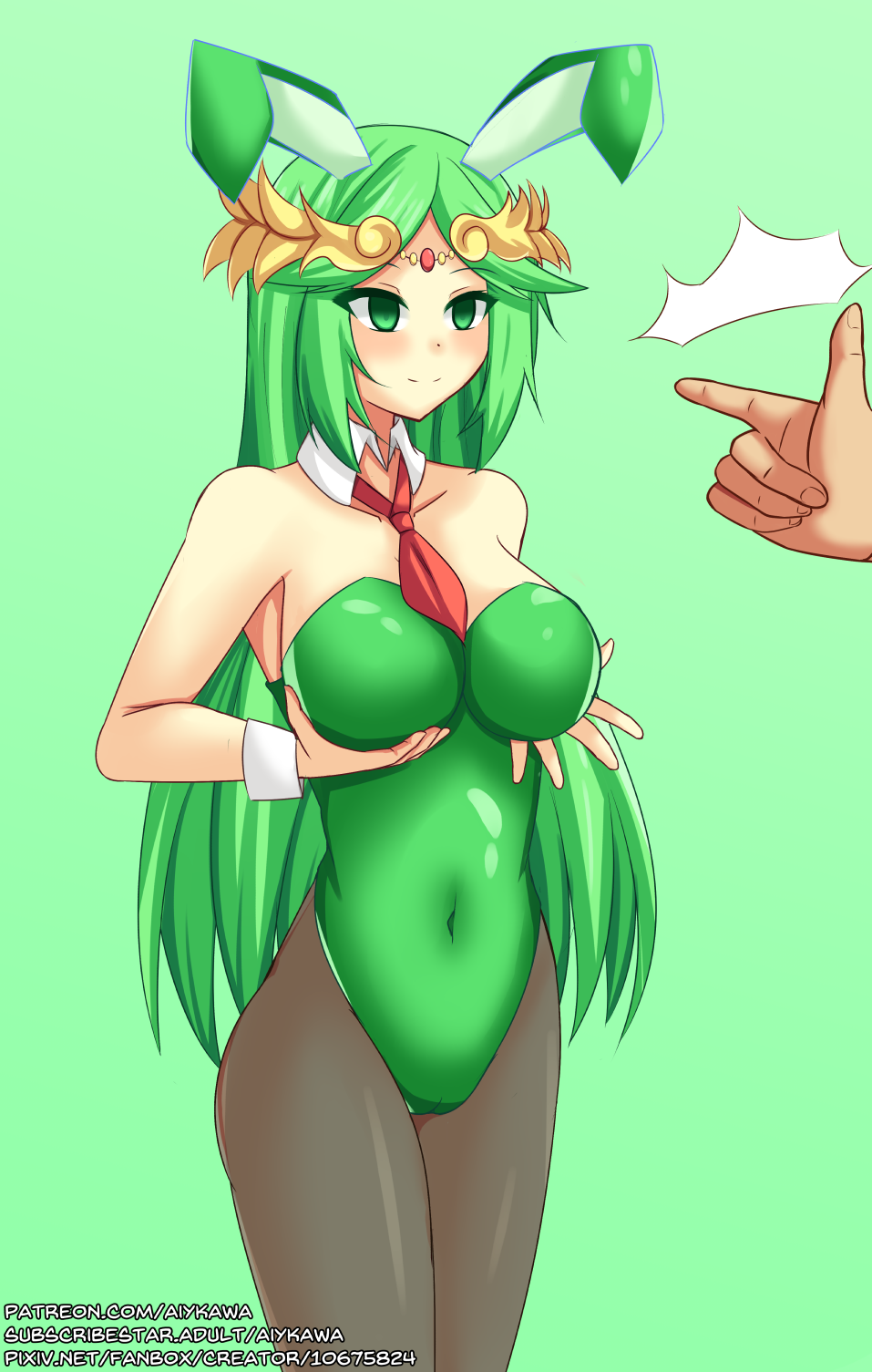 1girls aiykawa breasts bunny_ears circlet covered_navel detached_collar fake_animal_ears goddess grabbing_own_breast green_eyes green_hair green_leotard hypnosis kid_icarus kid_icarus_uprising large_breasts leotard long_hair milf mind_control necktie nintendo palutena pantyhose playboy_bunny snapping_fingers wrist_cuffs