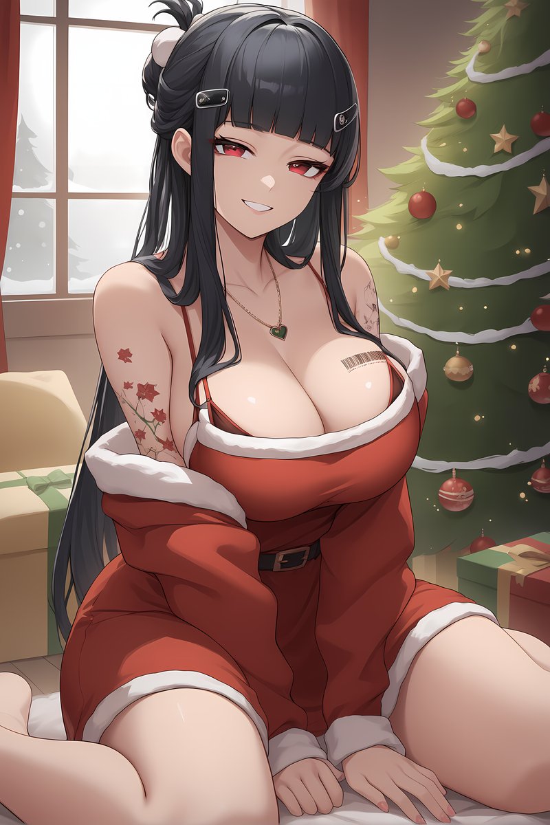 ai_generated arm_tattoo baggy_clothing barcode_tattoo bent_knees bra_strap christmas christmas_outfit christmas_present christmas_tree d_(killer_wife)_(nikke) d_(nikke) goddess_of_victory:_nikke hair_ornament heart_necklace hime_cut large_breasts light-skinned_female long_black_hair long_sleeves on_knees red_bra red_eyes santa_costume shoulder_slip smiling snowing waiting