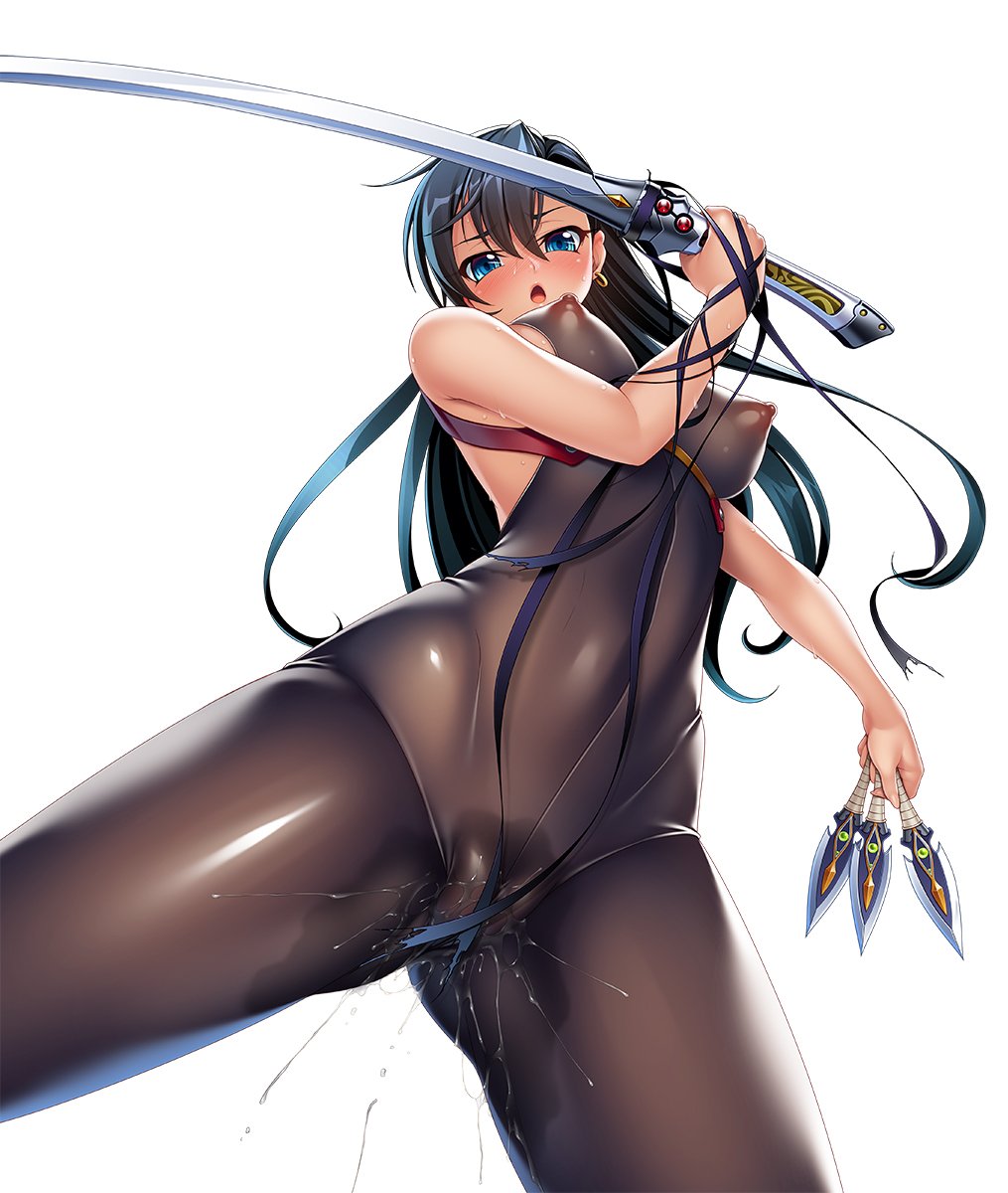 black_hair blue_eyes breasts curvy earrings female fuuma_tokiko jewelry kagami_hirotaka kunai lilith-soft looking_at_viewer nipples official_art pussy_juice shiny shiny_clothes simple_background solo sweat sword taimanin_(series) taimanin_asagi taimanin_asagi_battle_arena weapon