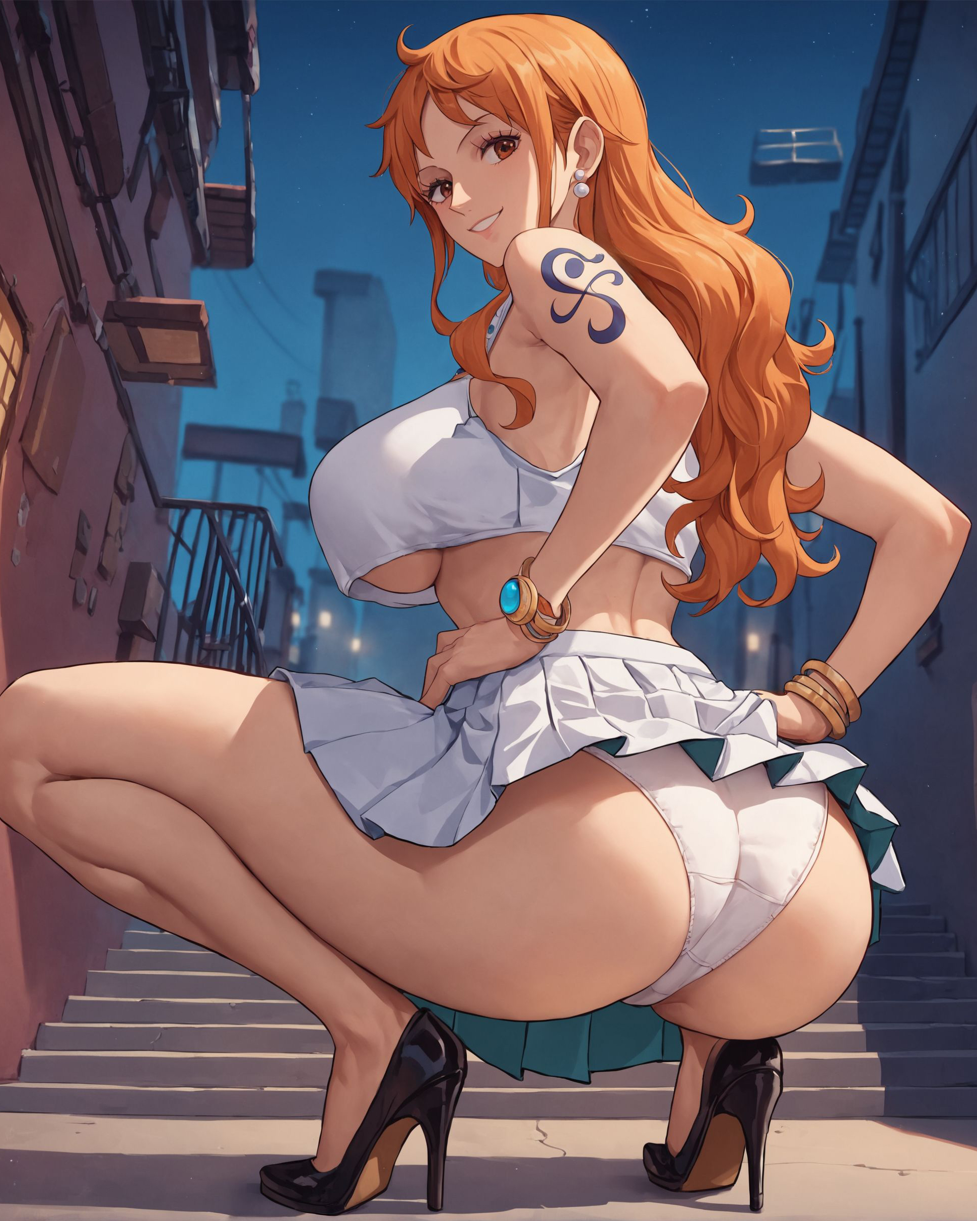 1girls, ai generated, alex-schura, ass, back, bangle, bangs, bare shoulders, black footwear, bracelet, breasts, brown eyes, clothes lift, clothing, crop top, curvaceous, curvaceous female, curvaceous figure, curvy, curvy figure, earrings, female, female focus, female only, footwear, from behind, full body, grin, hands on hips, high heels, huge ass, jewelry, large breasts, legs, long hair, looking at viewer, looking back, miniskirt, nami (one piece), night, night sky, one piece, orange eyes, orange hair, outdoors, pantsu, pleated skirt, post-timeskip, presenting, presenting ass, presenting hindquarters, shirt, shoes, sideboob, skirt, skirt lift, sky, sleeveless, smile, solo, squatting, stairs, tattoo, thick thighs, thighs, underboob, underwear, voluptuous, voluptuous female, white panties, white shirt, white skirt