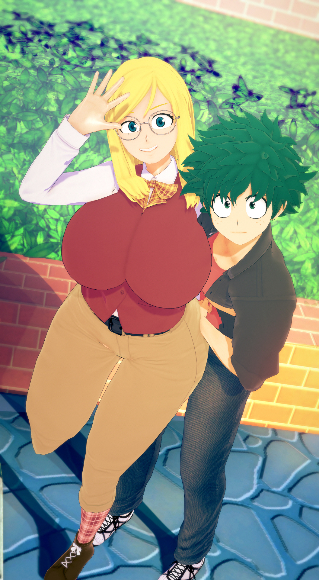 1boy 1girls 3d big_breasts blonde_hair breasts glasses green_eyes green_hair huge_breasts izuku_midoriya large_breasts looking_at_viewer melissa_shield my_hero_academia qxdt