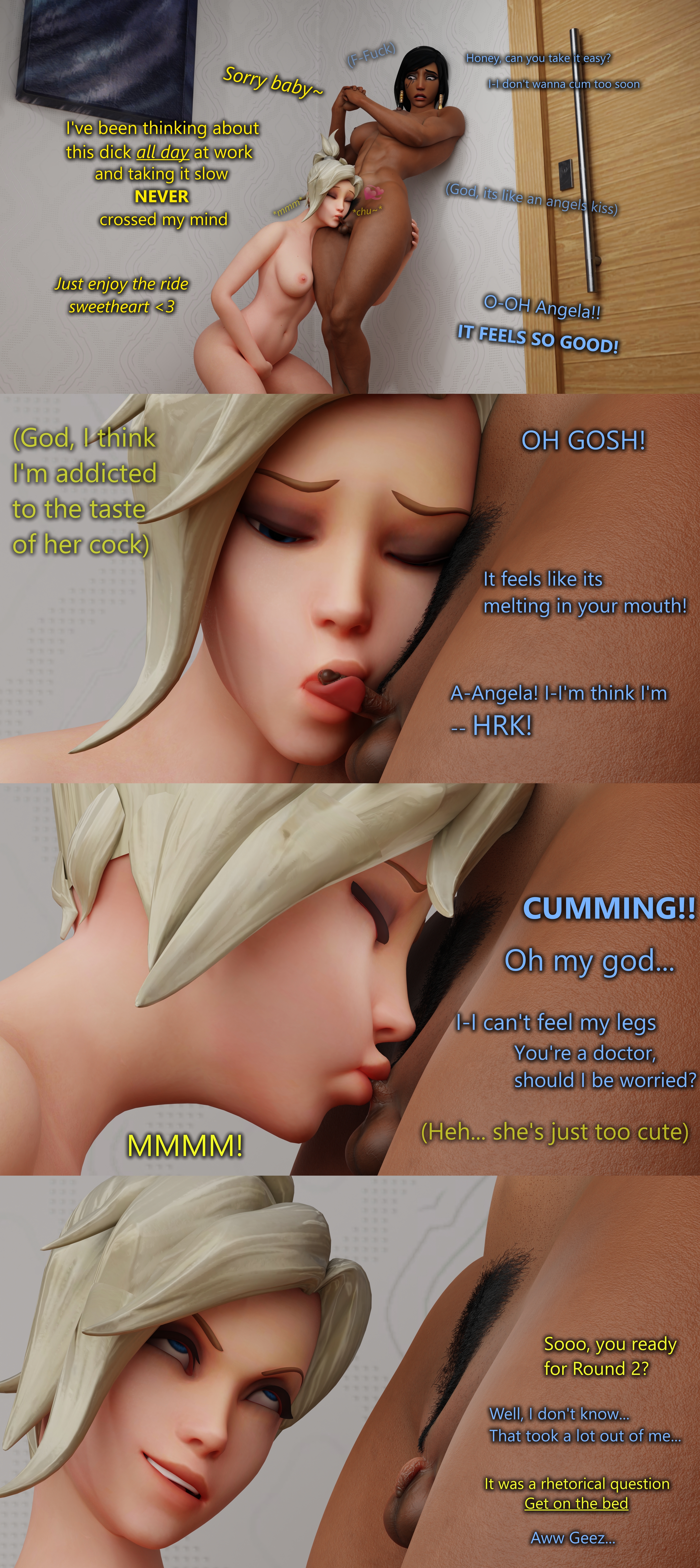 1futa, 1girls, 3d, black hair, blonde hair, blowjob, breasts, caption, comic, completely nude, dark skin, dark-skinned futa, dark-skinned sub, dialogue, dominant female, english text, female, flaccid, flaccid after cumming, futa on female, futa with female, futanari, intersex, mercy, micropenis, nude, nyl pharah, overwatch, overwatch 2, penis, pharah, premature ejaculation, pubic hair, small penis, small penis adoration, small penis futa, submissive futa, text, throwingblue, uncensored