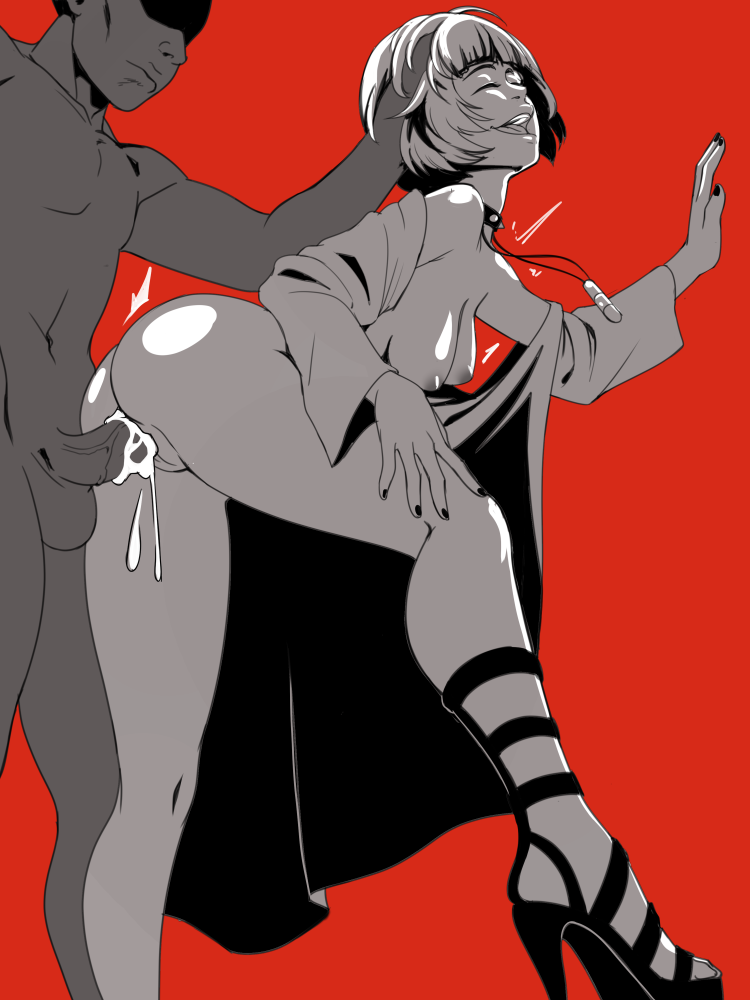 abstract background, ass, atlus, big ass, breasts, cum, cum in pussy, cum inside, dark skin, dark-skinned male, faceless male, female, head grab, interracial, kyder, labcoat, male, monochrome, persona, persona 5, pussy, sex, standing, tae takemi, uncensored, vaginal penetration