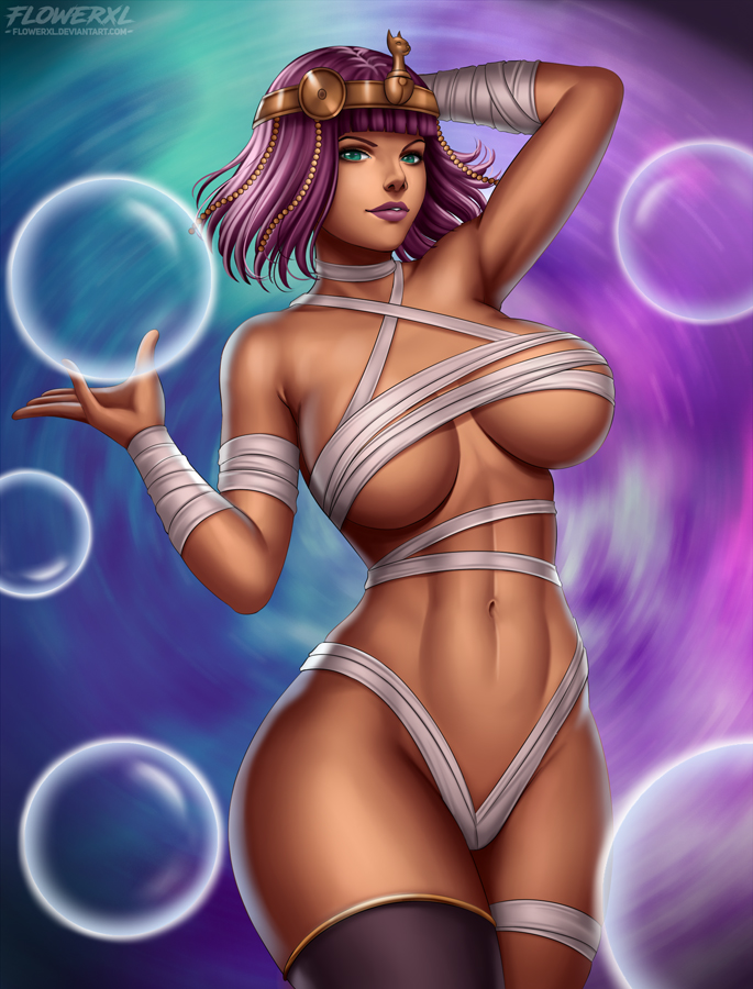 1girls, abs, big breasts, bob cut, breasts, capcom, cleavage, dark skin, dark-skinned female, egyptian, female, female only, flowerxl, large breasts, looking at viewer, menat (street fighter), pinup, short hair, solo, street fighter, street fighter v