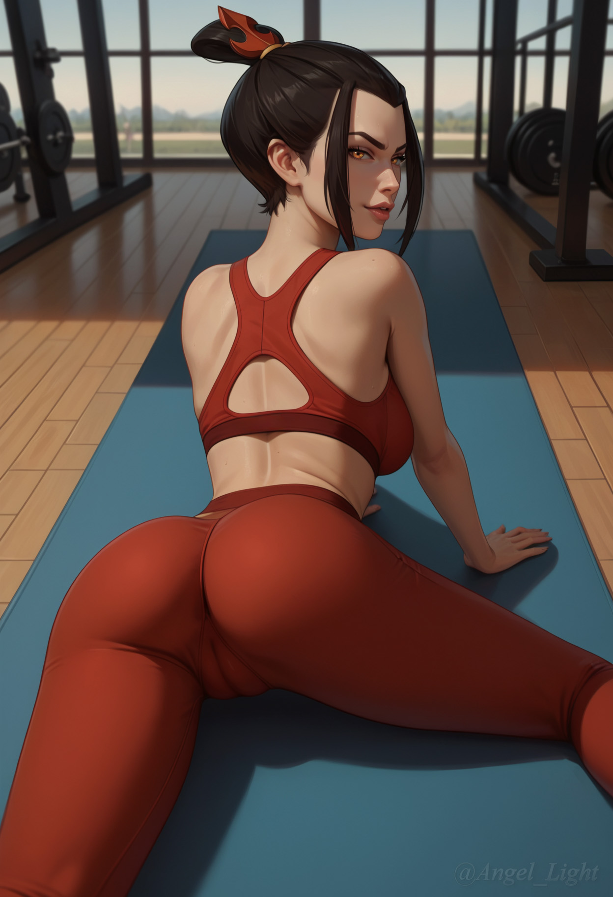 1girls, ai generated, angel light (artist), ass, avatar legends, avatar the last airbender, azula, black hair, cameltoe, female, female only, fire nation, from behind, gym uniform, human, nickelodeon, nicktoons, pussy, solo, source removed, yellow eyes, yoga, yoga mat, yoga pants