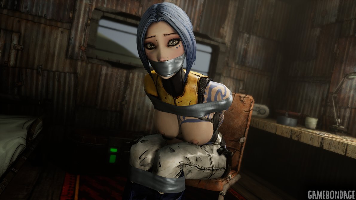 1girls, 3d, arms behind back, blue hair, bob cut, body markings, bondage, borderlands, borderlands 2, bound, bound arms, bound legs, breasts, breasts out, chair, female, female only, gag, gagged, gamebondage, helpless, looking at viewer, maya (borderlands), nipples, siren (borderlands), siren markings, sitting, solo, solo female, tape, tape bondage, tape gag, taped arms, taped legs, taped mouth, tattoo