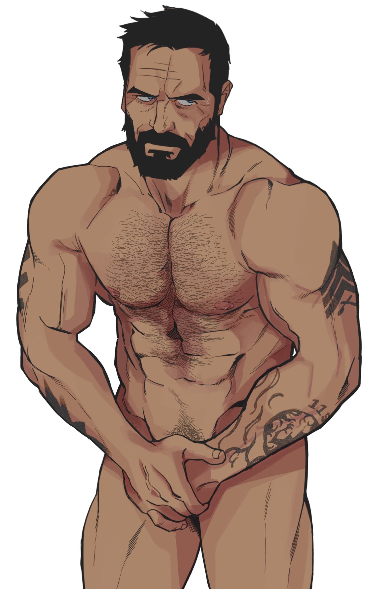 bara barazoku beard biceps body_hair bonjourdraws call_of_duty call_of_duty_black_ops_cold_war covering_crotch digital_drawing_(artwork) facial_hair frank_woods fully_nude hairy_chest hairy_male male_focus male_only muscular muscular_male no_visible_genitalia pecs pinup solo_focus solo_male tattoo toned_body toned_male