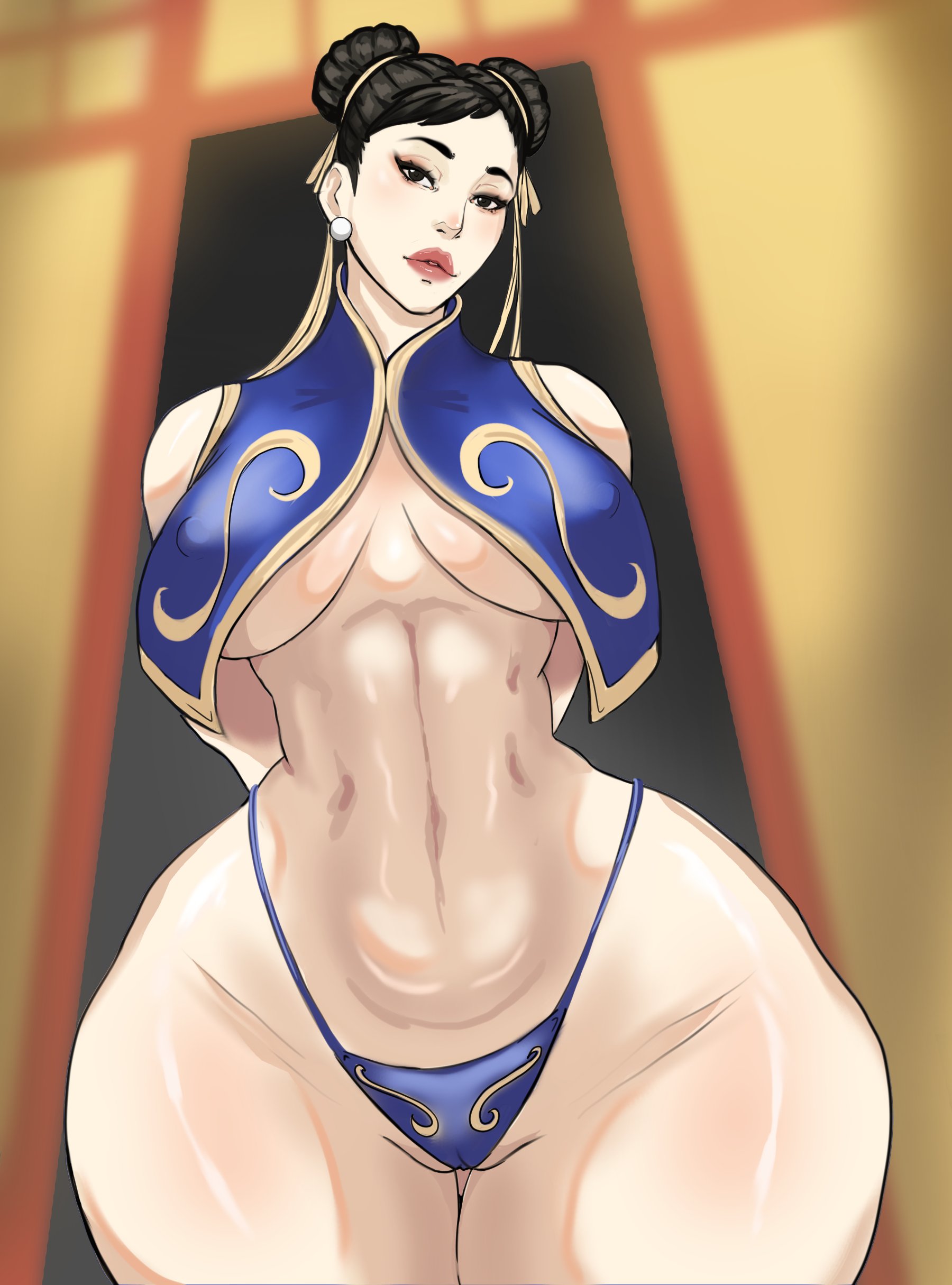 1girls, breasts, chun-li, earrings, female, highres, lips, looking at viewer, mature female, micro bikini, milf, navel, nipples, nipples visible through clothing, pussy, small breasts, street fighter, tagme, therainzart, thick, thick legs, thick thighs