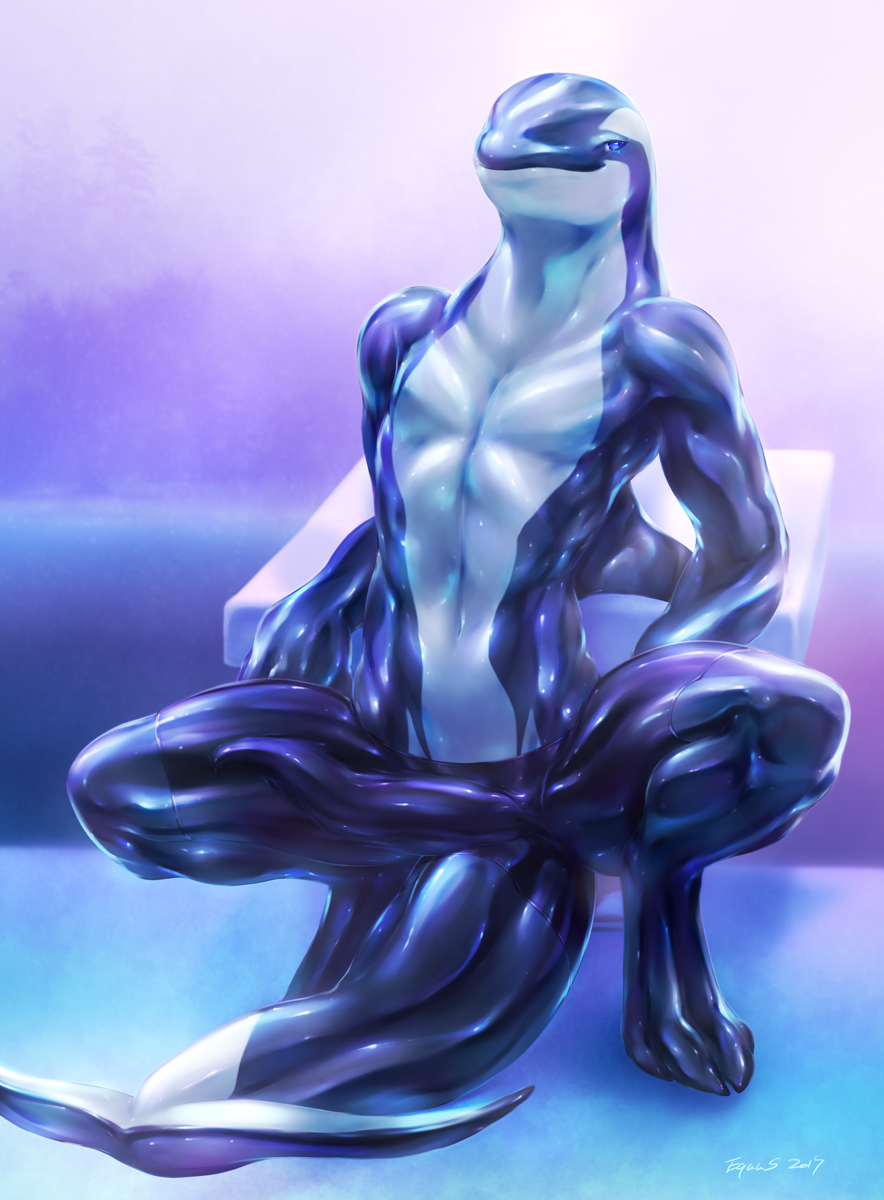 2017 4_toes anthro arm_support athletic blue_eyes bulge cetacean clothed clothing crouching digital_media_(artwork) digitigrade dorsal_fin equus fin front_view hi_res male male_only mammal marine navel orca penis_outline simple_background solo spread_legs spreading tail_fin thick_tail toes topless whale