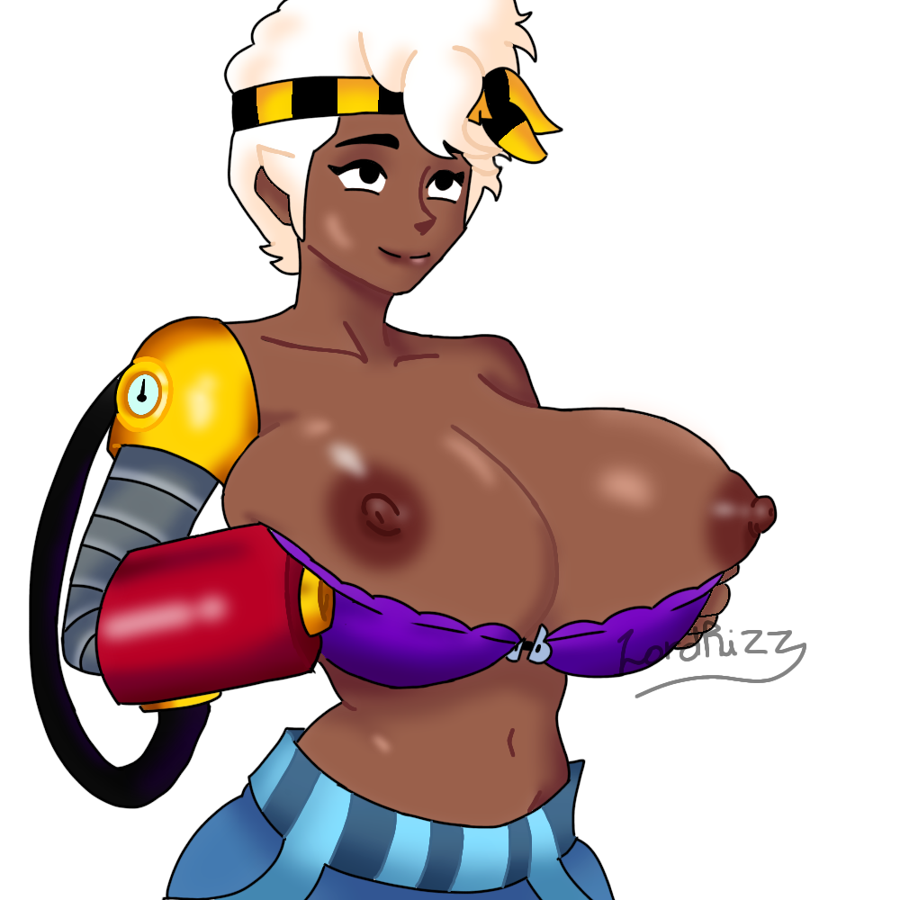 1girls alternate_version_available areolae artist_signature bandana big_breasts brawl_stars breasts_out colored colored_sketch dark-skinned_female disability female female_focus female_only holding_breast huge_breasts lordrizz maisie_(brawl_stars) nipples one_arm robotic_arm smile smiling solo solo_female solo_focus tagme white_hair