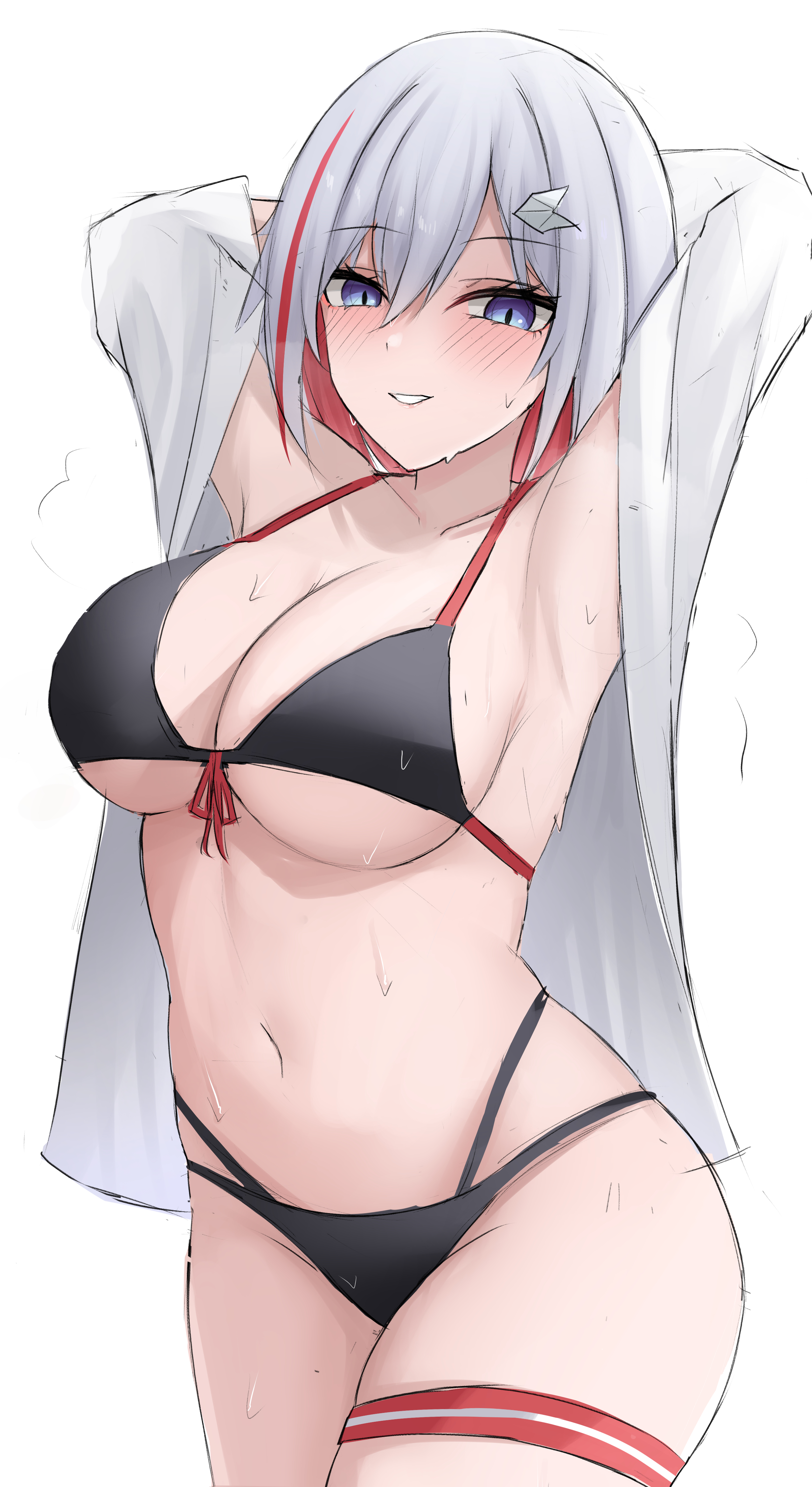 1girls, arms behind head, arms up, bikini, breasts, collared shirt, female, half-closed eyes, honkai: star rail, large breasts, large thighs, parted lips, smile, sweat, sweaty, sweaty body, thick thighs, thigh strap, topaz (honkai: star rail), very sweaty, wide hips
