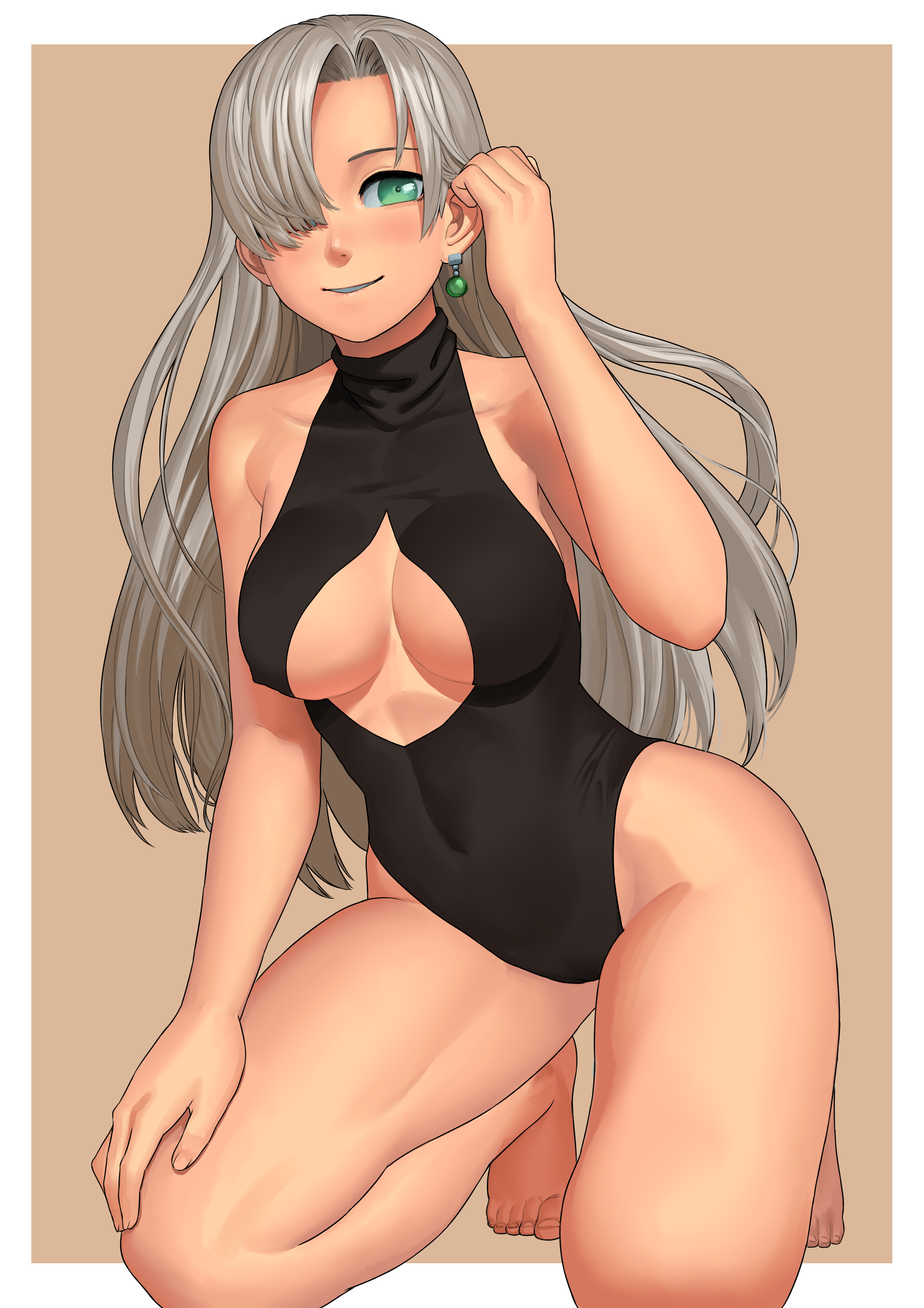 1girls, absurdres, black swimsuit, breasts, cleavage, cleavage cutout, covered navel, covered nipples, earrings, elizabeth liones, female, female only, green eyes, grey hair, hair over eye, hair over one eye, highleg, highleg swimsuit, highres, kneeling, lasterk, long hair, looking at viewer, nanatsu no taizai, nipple bulge, one-piece swimsuit, smile, solo, solo female, swimsuit, very long hair, white hair, white-haired female