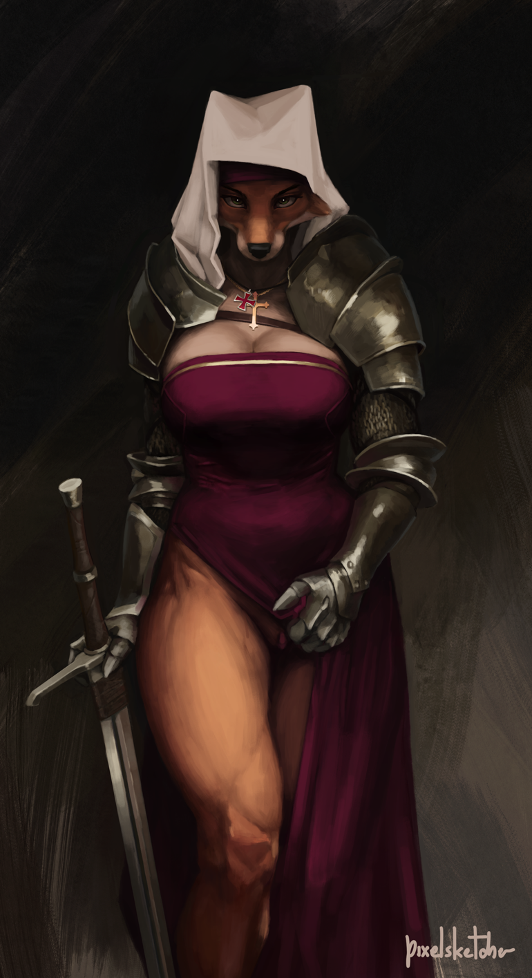 1girls 2017 anthro armor armored_dress armour big_breasts big_clitoris breasts canine chainmail cleavage clitoral_hood clitoris clothed clothing couter cross crusader disney dress female female_knight female_only flashing_pussy fox gauntlets hi_res jewelry knight longsword looking_at_viewer maid_marian mammal medieval medieval_armour medieval_clothing melee_weapon muscle_tone muscular_female muscular_thighs pauldrons pixelsketcher plump_labia presenting presenting_pussy pussy robin_hood_(disney) solo solo_female sword thick_thighs thighs unconvincing_armor vambraces weapon