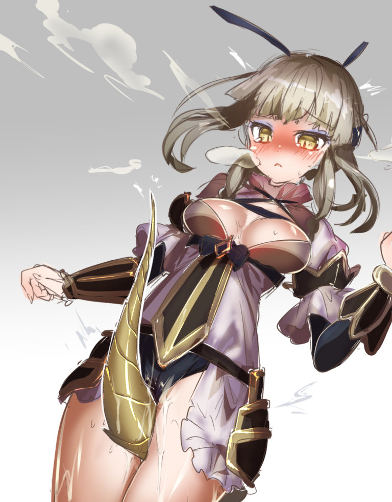 :< bangs blush breasts brown_hair cleavage dragon_tail eyeshadow female genderswap_(mtf) gradient gradient_background horns la_pucelle_(mahoiku) magical_girl mahou_shoujo_ikusei_keikaku makeup masturbation medium_breasts rule_63 sketch solo tail tail_masturbation yellow_eyes