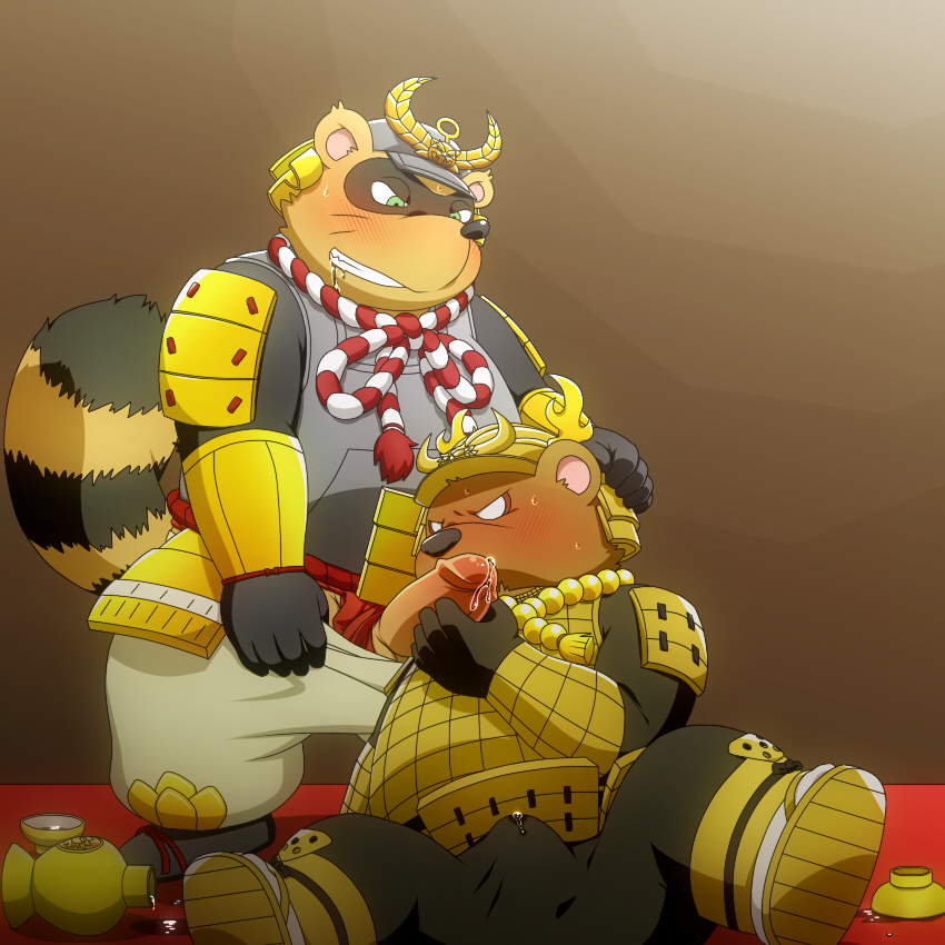 2013 anthro armor bear blush bulge clothed clothing duo fully_clothed fundoshi helmet japanese_clothing male mammal oral penis penta002 simple_background sitting slightly_chubby tanuki underwear yaoi