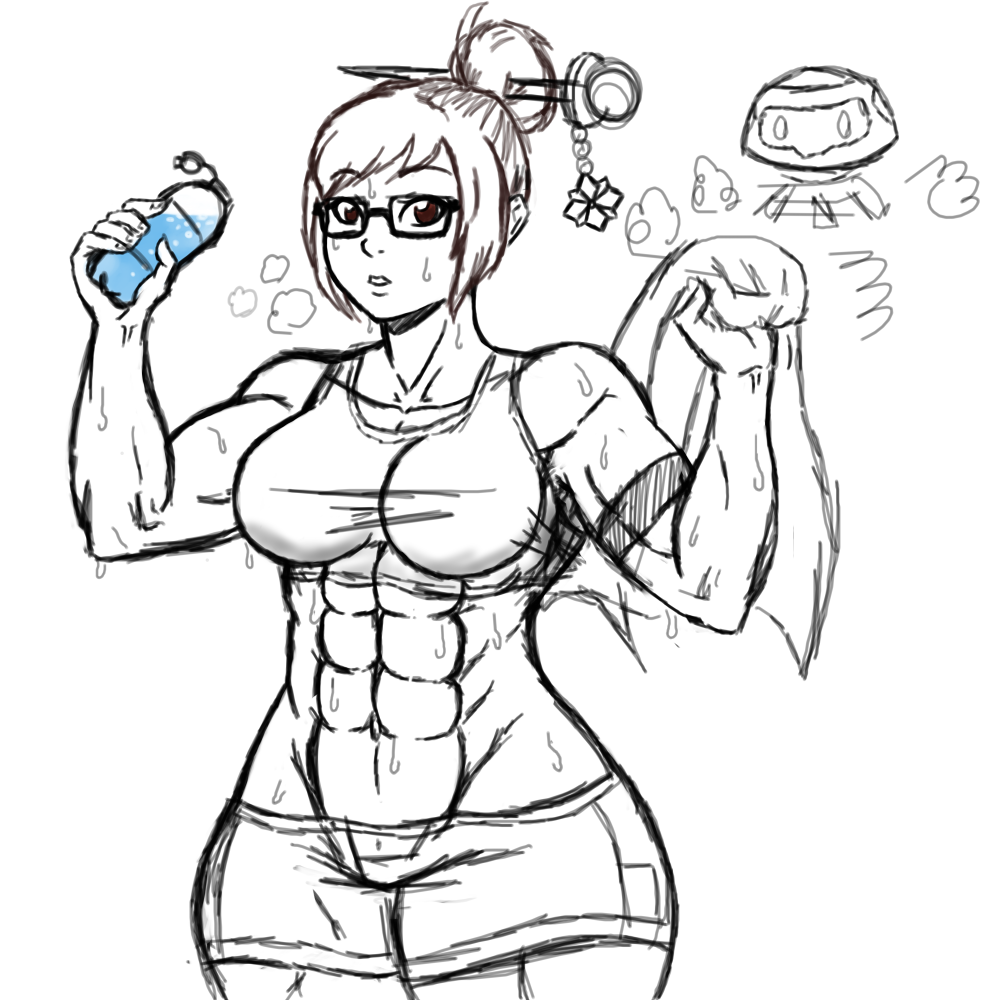 abs female franktonius mei_(overwatch) mei_ling_zhou muscle muscles muscular_female overwatch solo sweat sweating sweaty water_bottle