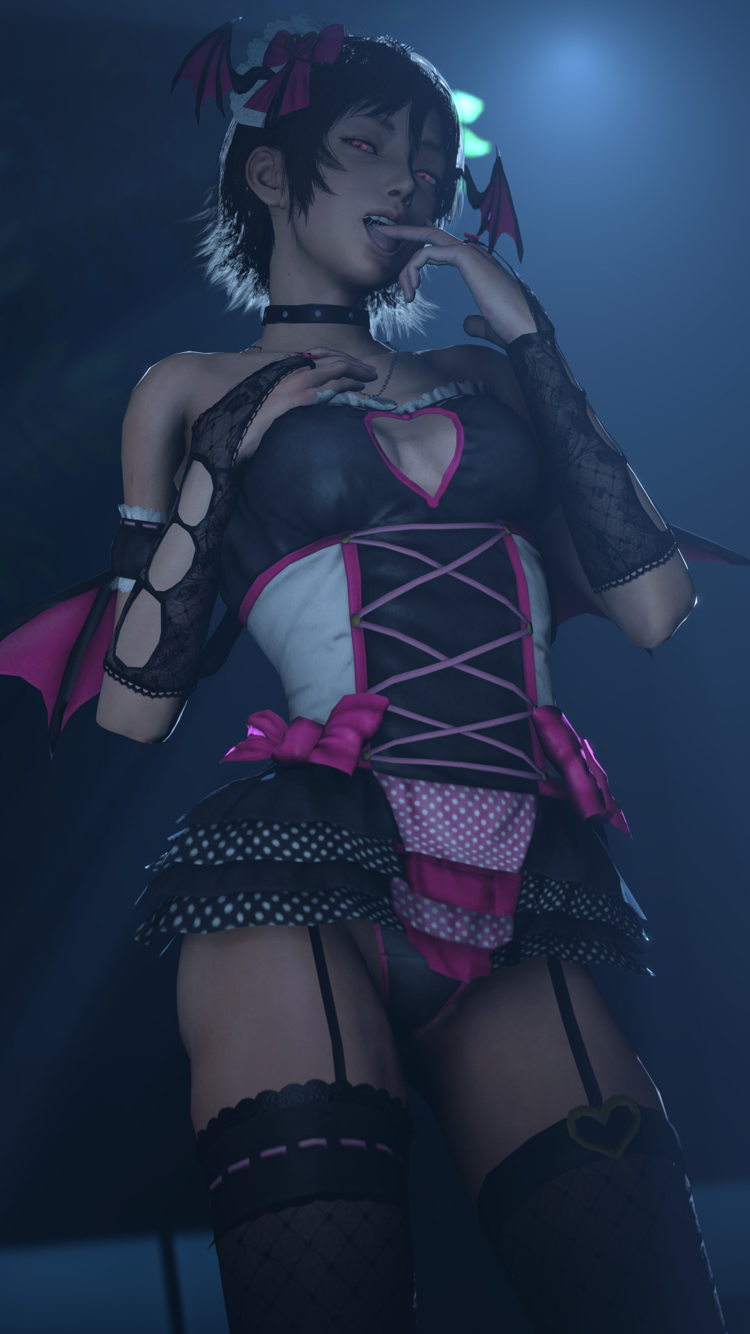 3d, brunette female, corset, dark fantasy, demon, female, final fantasy, final fantasy xv, goth, goth girl, gothic, gothic lolita, iris amicitia, lazyprocrastinator, licking fingers, lolita fashion, pink eyes, stockings, succubus, succubus wings