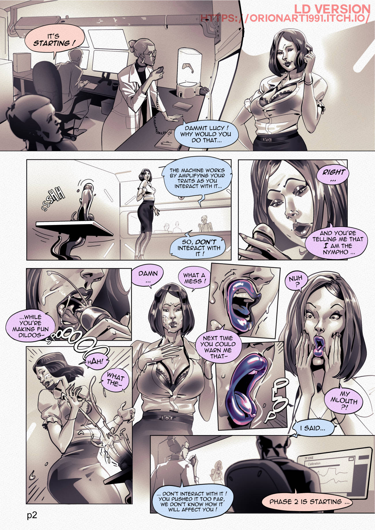 arrogant, bimbofication, body modification, comic page, english text, expansion, female, office lady, orionart, sex doll, sex doll transformation, transformation
