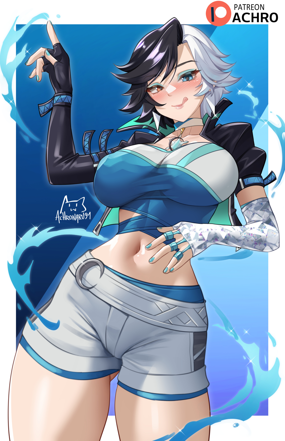 1girls, achromaru, ass, ass visible through thighs, big ass, big breasts, breasts, female, female only, licking lips, luna snow, luna snow (marvel rivals), marvel, marvel comics, marvel rivals, midriff, navel, thick thighs
