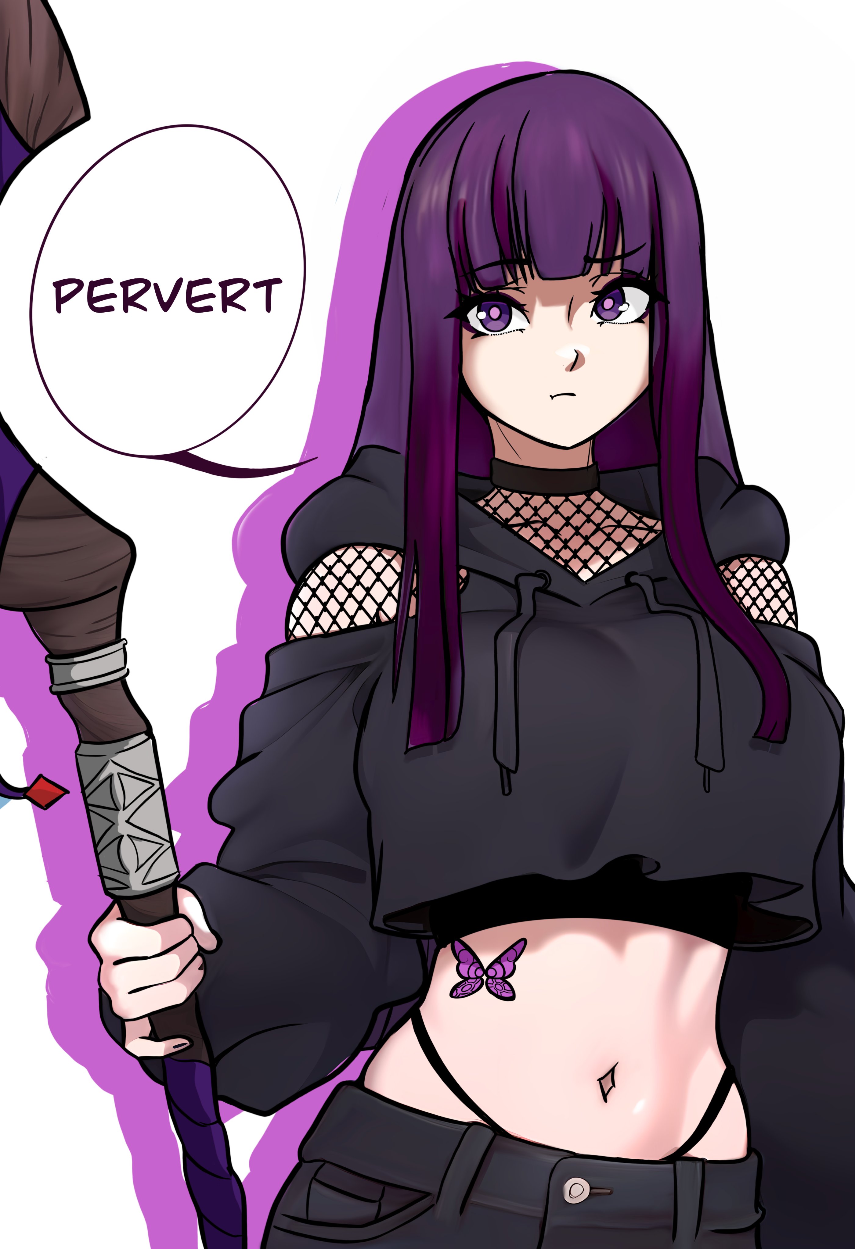 ai assisted, ai generated, black clothing, choker, crop top, crop top hoodie, cute, english text, exposed midriff, female, fern (sousou no frieren), fishnets, goth, goth girl, hoodie, looking at viewer, midriff, navel, panty straps, purple eyes, purple hair, redpostit, solo female, sousou no frieren, speech bubble
