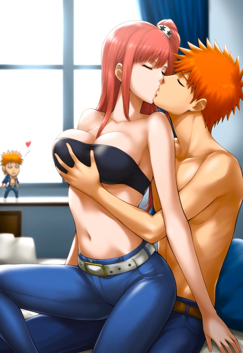 1boy1girl ai_generated anime babe bangs_over_eyes beautiful bed bedroom belt big_breasts bleach bleach:_the_thousand-year_blood_war breast_grab busty crossover crossover_shipping curvy_figure dead_or_alive doll fantasy fighting_game hair_ornament handsome honoka_(doa) ichigo_kurosaki jeans jnbu kiss_from_behind kissing love midriff morning navel novelai orange_hair pants passionate_kiss pillow pink_hair sexy shonen_jump side_ponytail sitting sitting_on_lap sitting_on_person spiky_hair team_ninja tecmo topless topless_male turning_around video_game_character video_games window